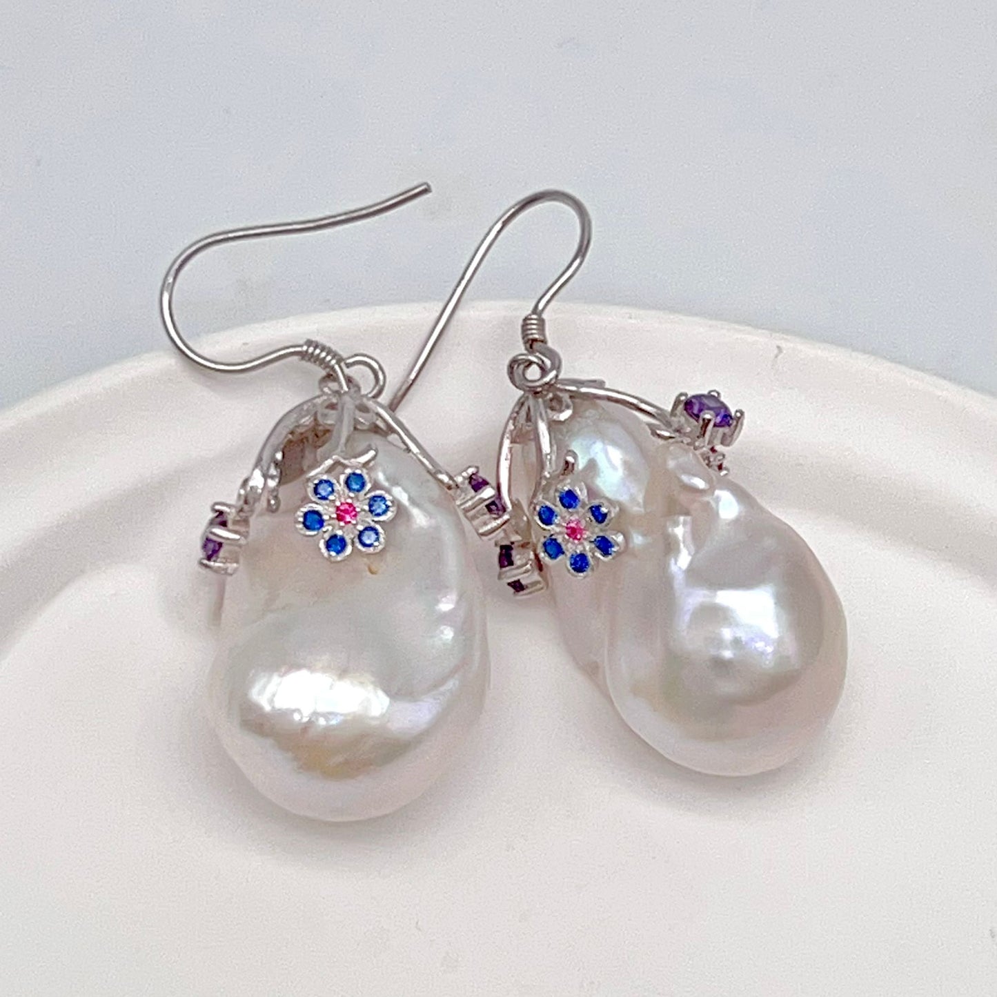 Retro Wind. Baroque Pearl Earring in Silver 925 with Colorful Zircon