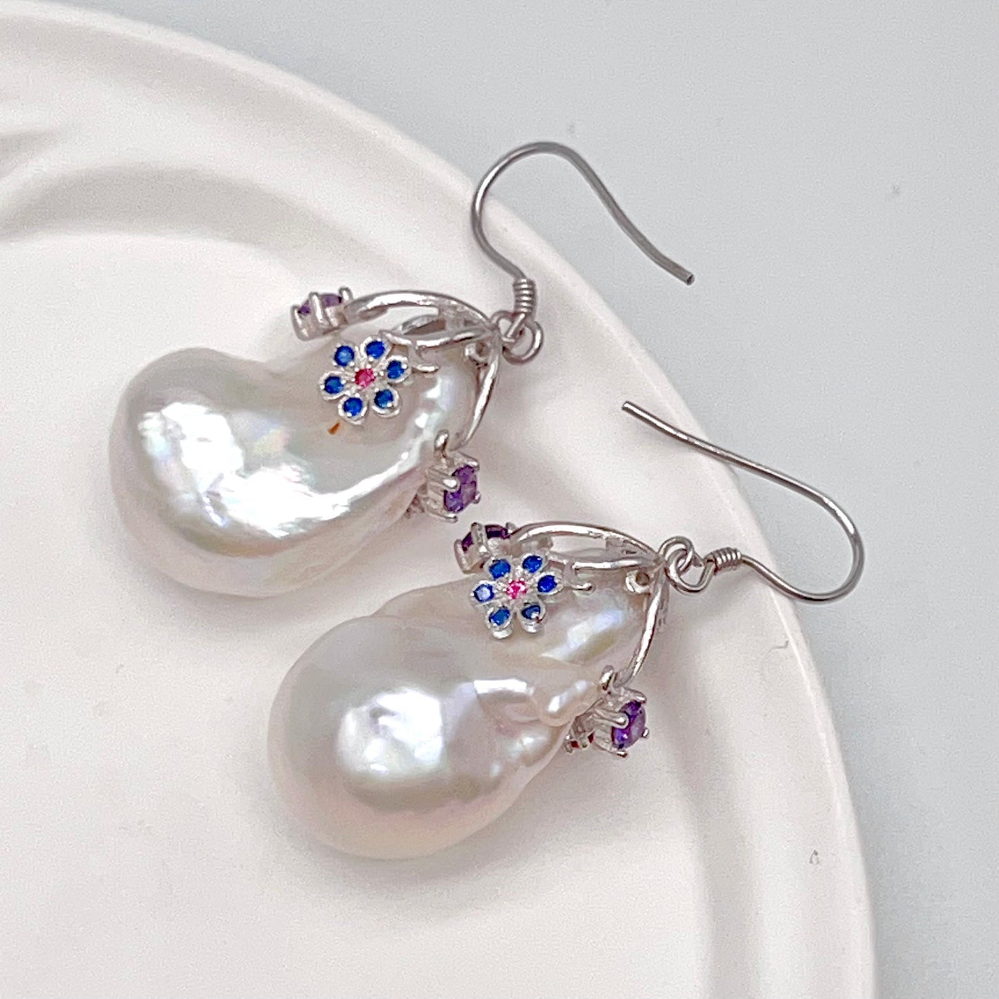 Retro Wind. Baroque Pearl Earring in Silver 925 with Colorful Zircon