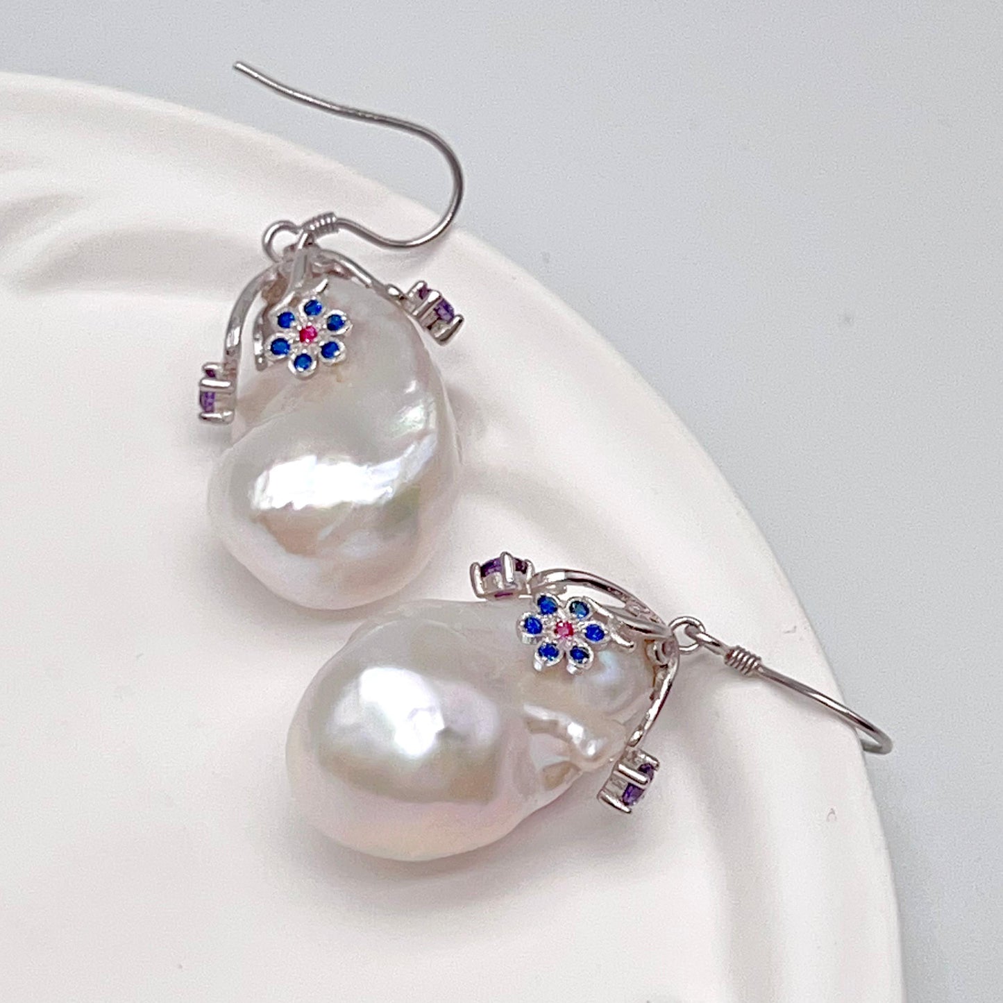 Retro Wind. Baroque Pearl Earring in Silver 925 with Colorful Zircon