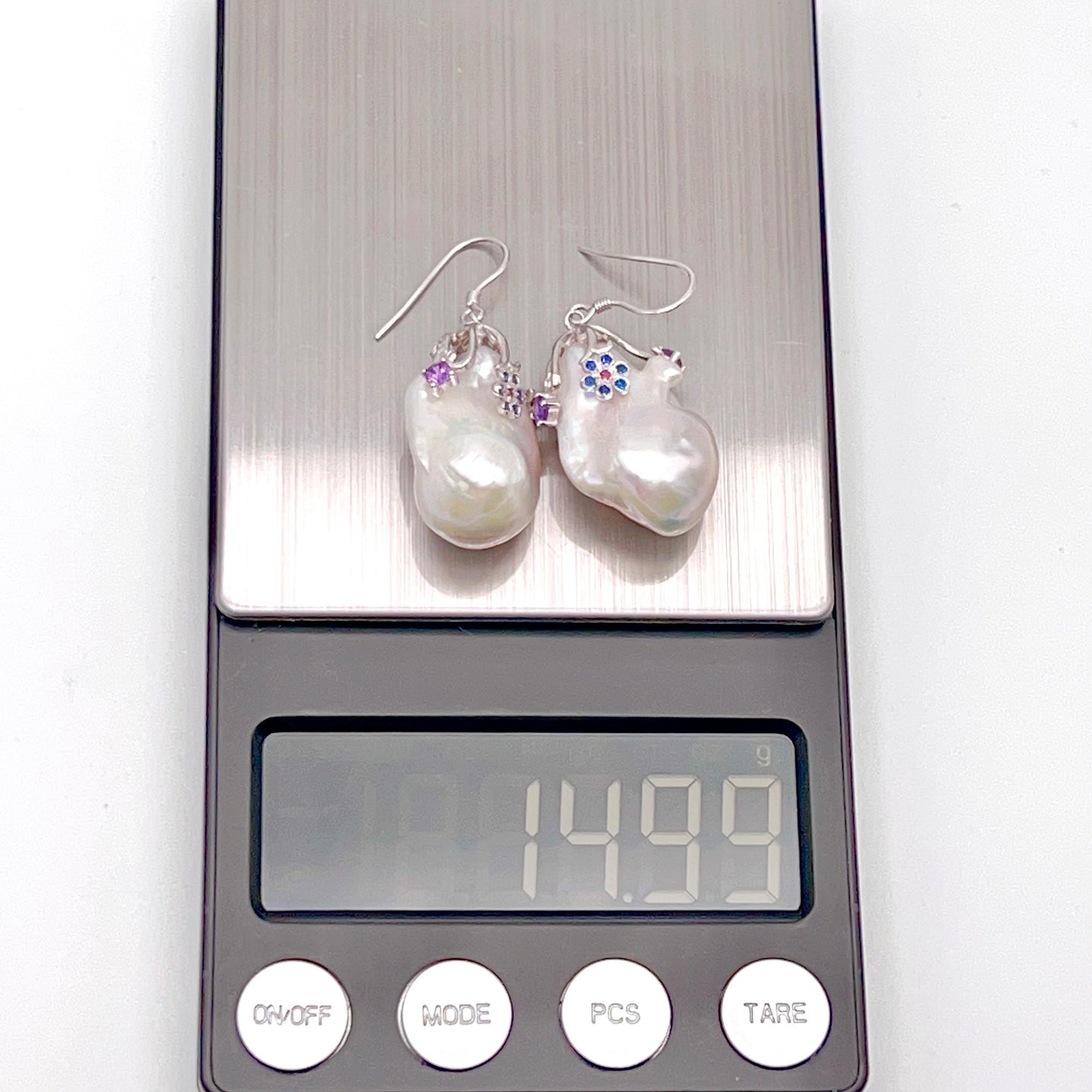 Retro Wind. Baroque Pearl Earring in Silver 925 with Colorful Zircon