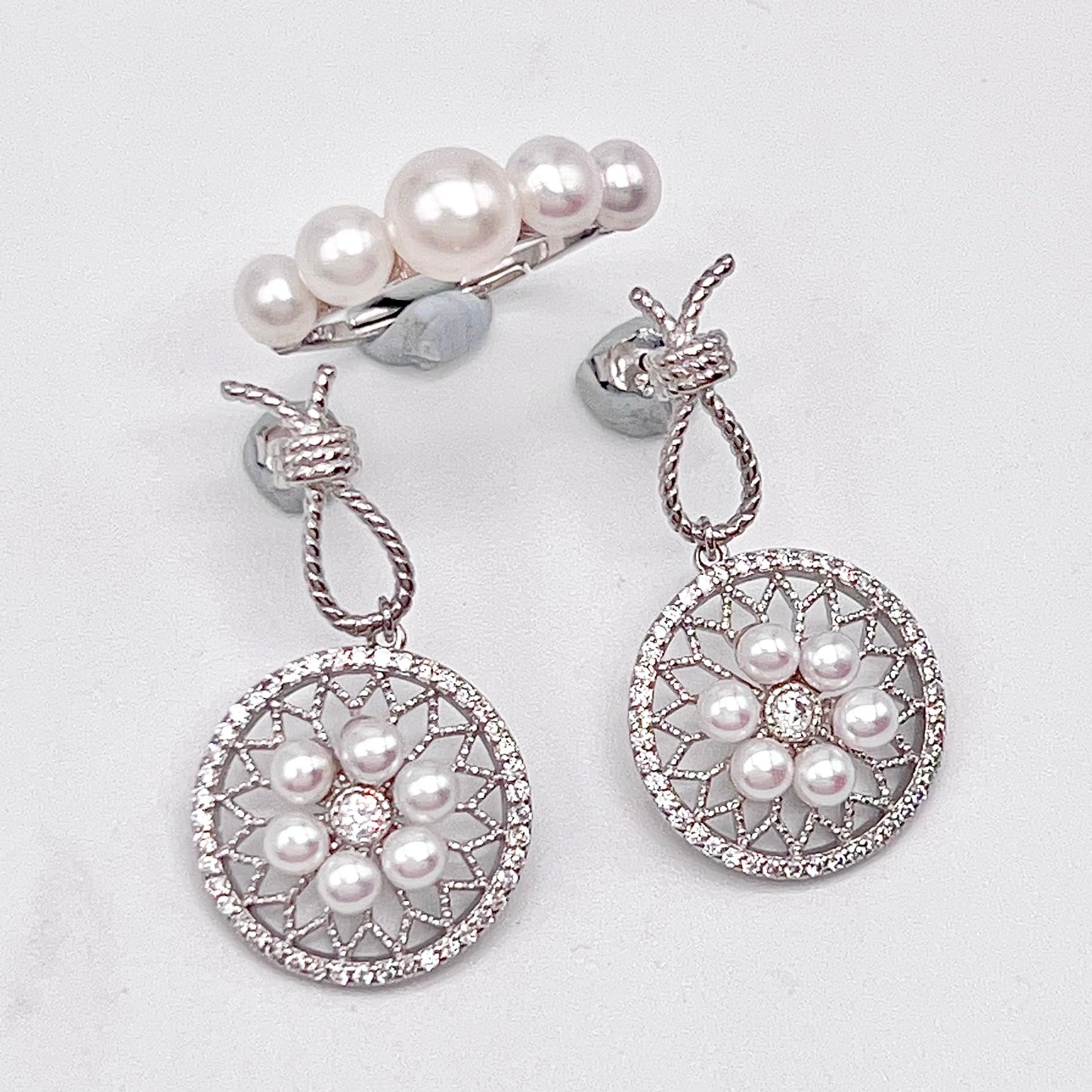 Retro Wind. Pearl Earring and Ring in Silver 925. Wheel