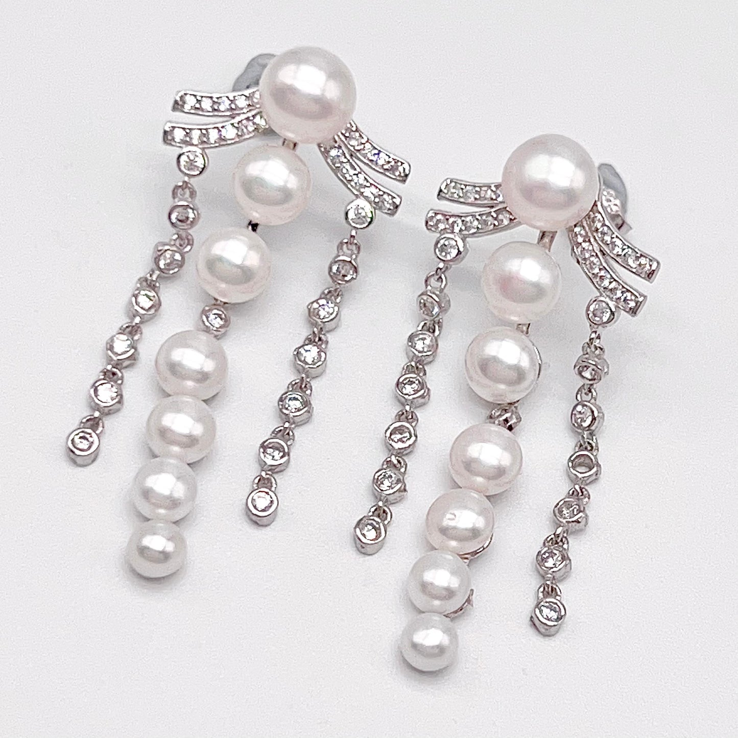 Retro Wind. Pearl Earring and Ring in Silver 925. 3 Fringe
