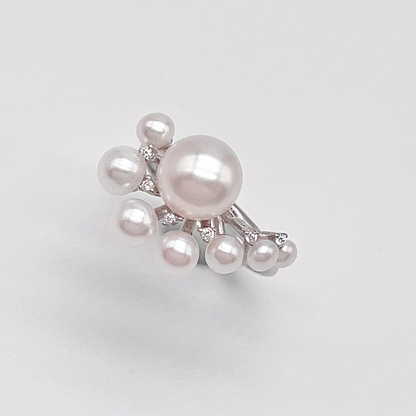 Retro Wind. Pearl Earring and Ring in Silver 925. Cloud Cluster