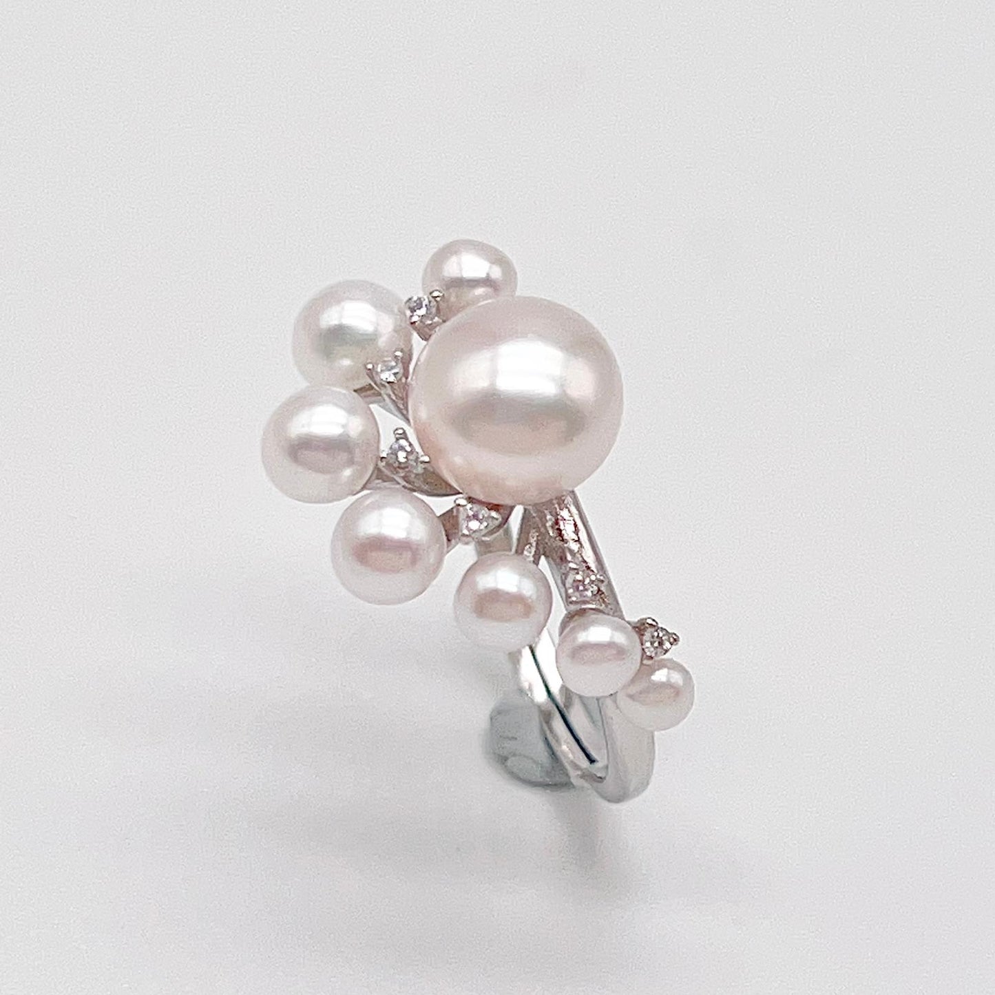 Retro Wind. Pearl Earring and Ring in Silver 925. Cloud Cluster