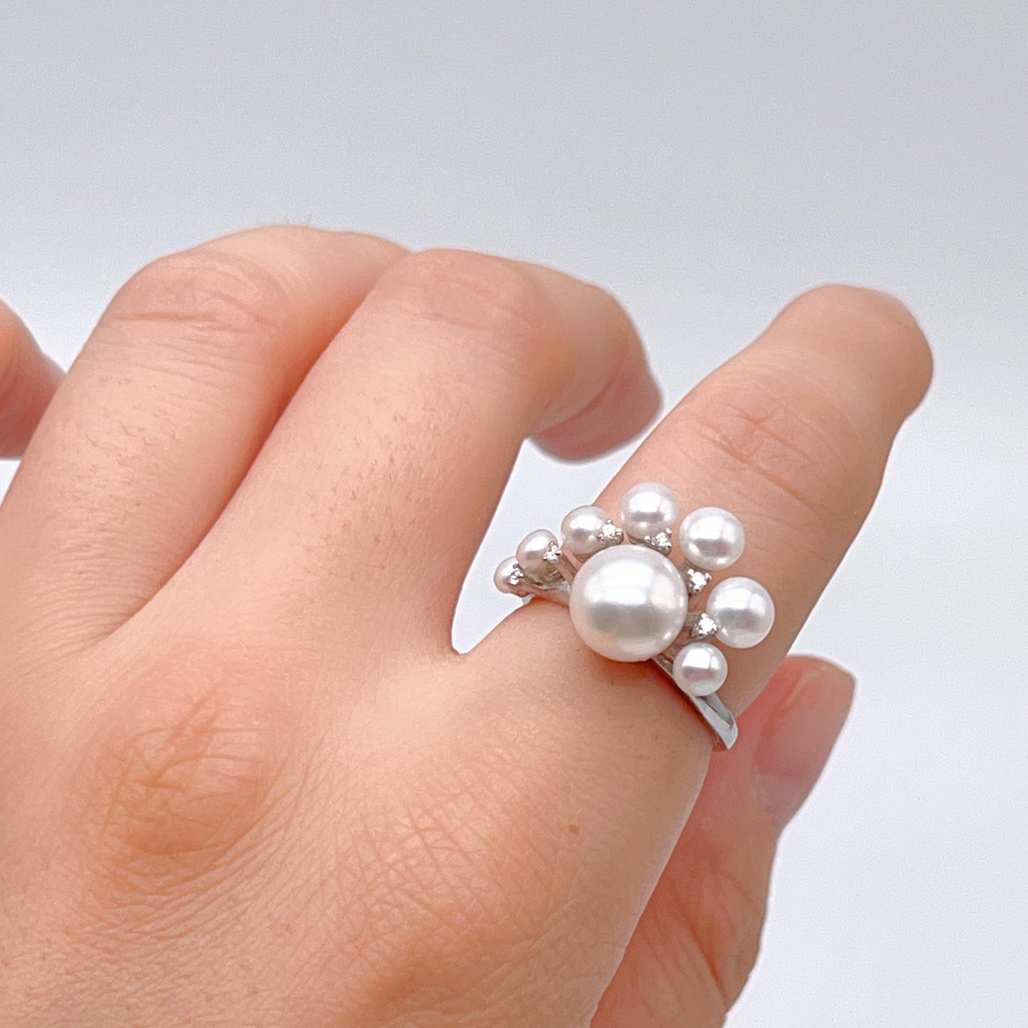 Retro Wind. Pearl Earring and Ring in Silver 925. Cloud Cluster