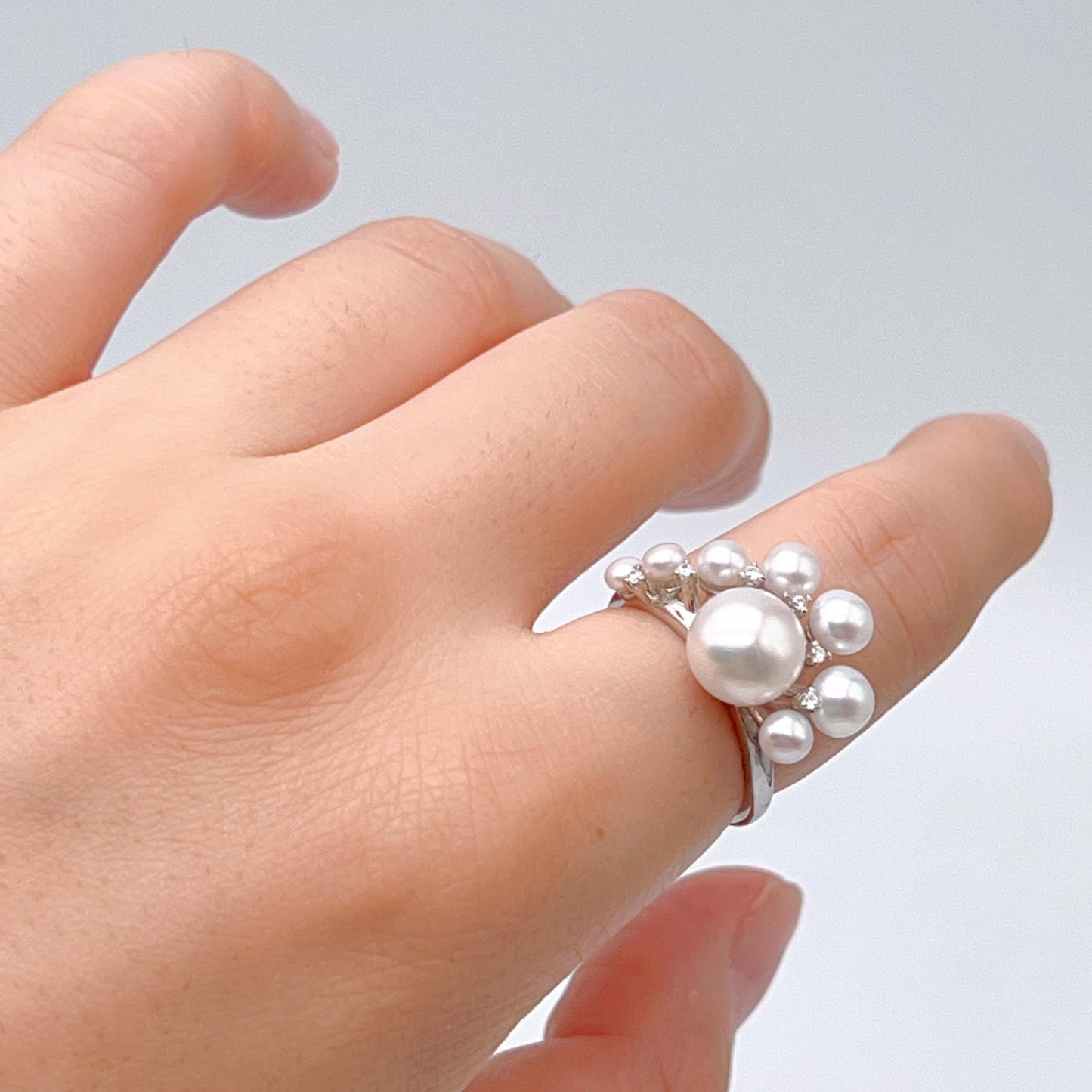 Retro Wind. Pearl Earring and Ring in Silver 925. Cloud Cluster