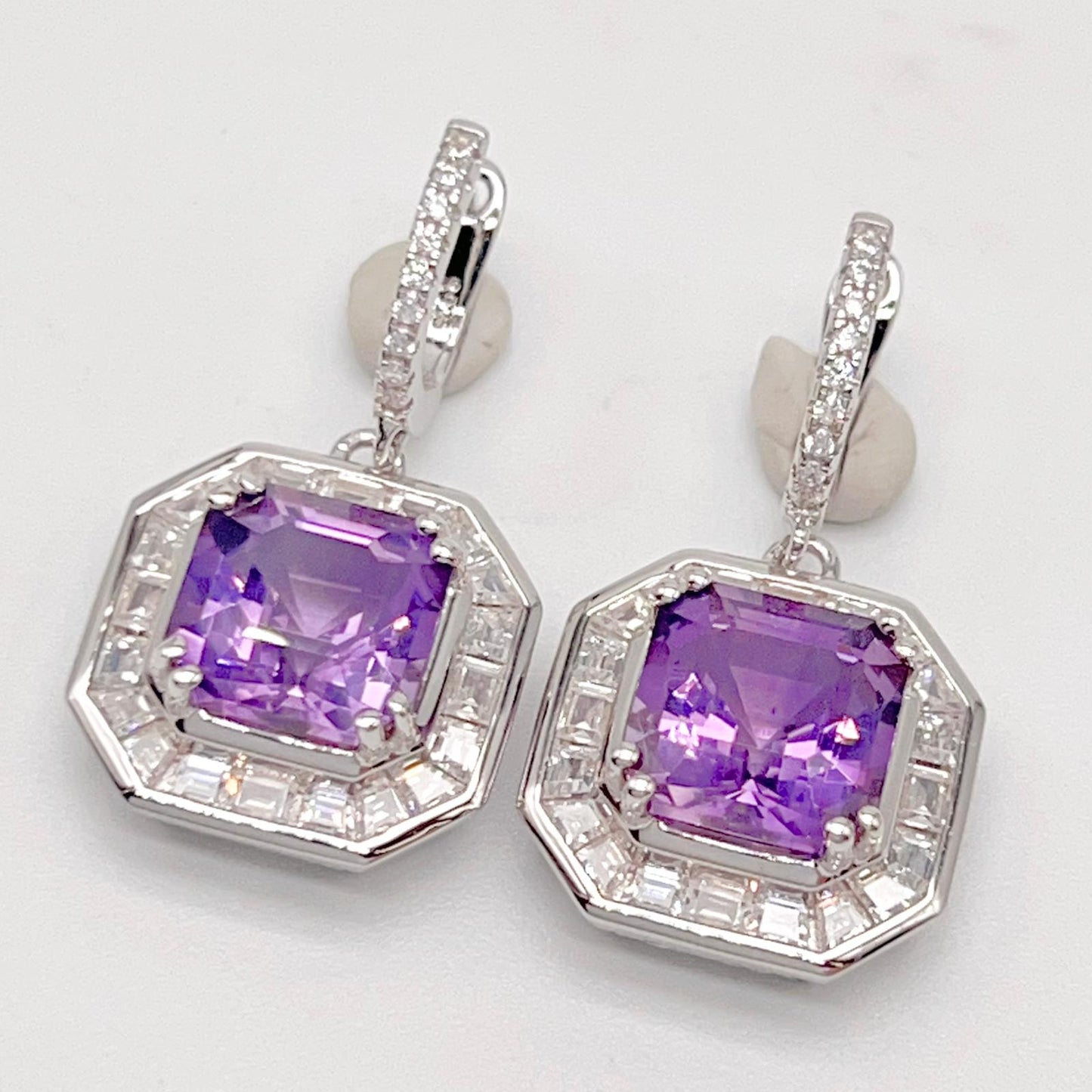 Regal Octagon Amethyst Drop Earrings with Zircon