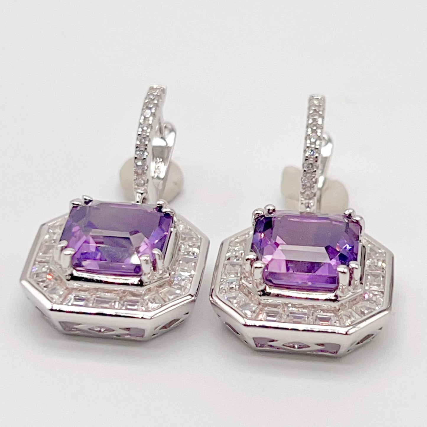 Regal Octagon Amethyst Drop Earrings with Zircon