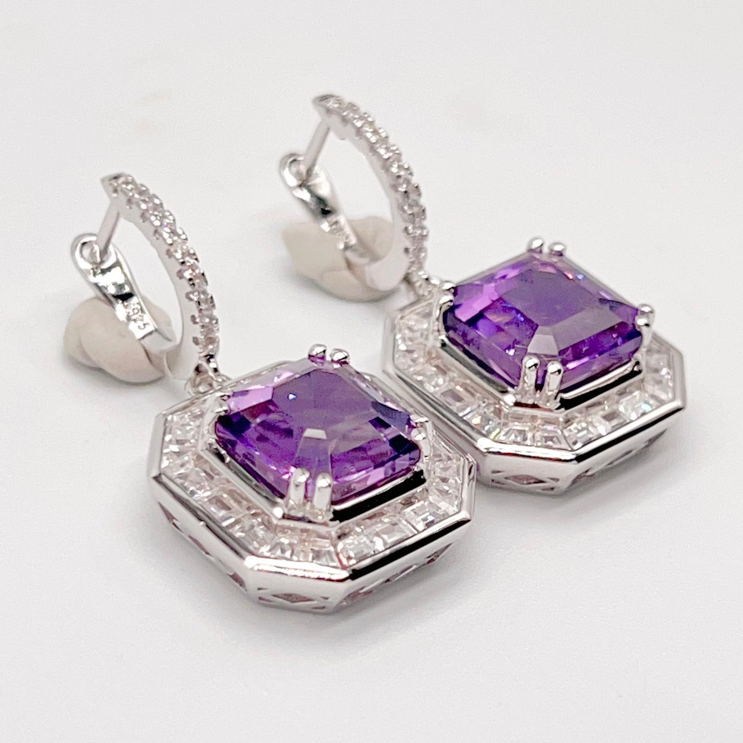 Regal Octagon Amethyst Drop Earrings with Zircon