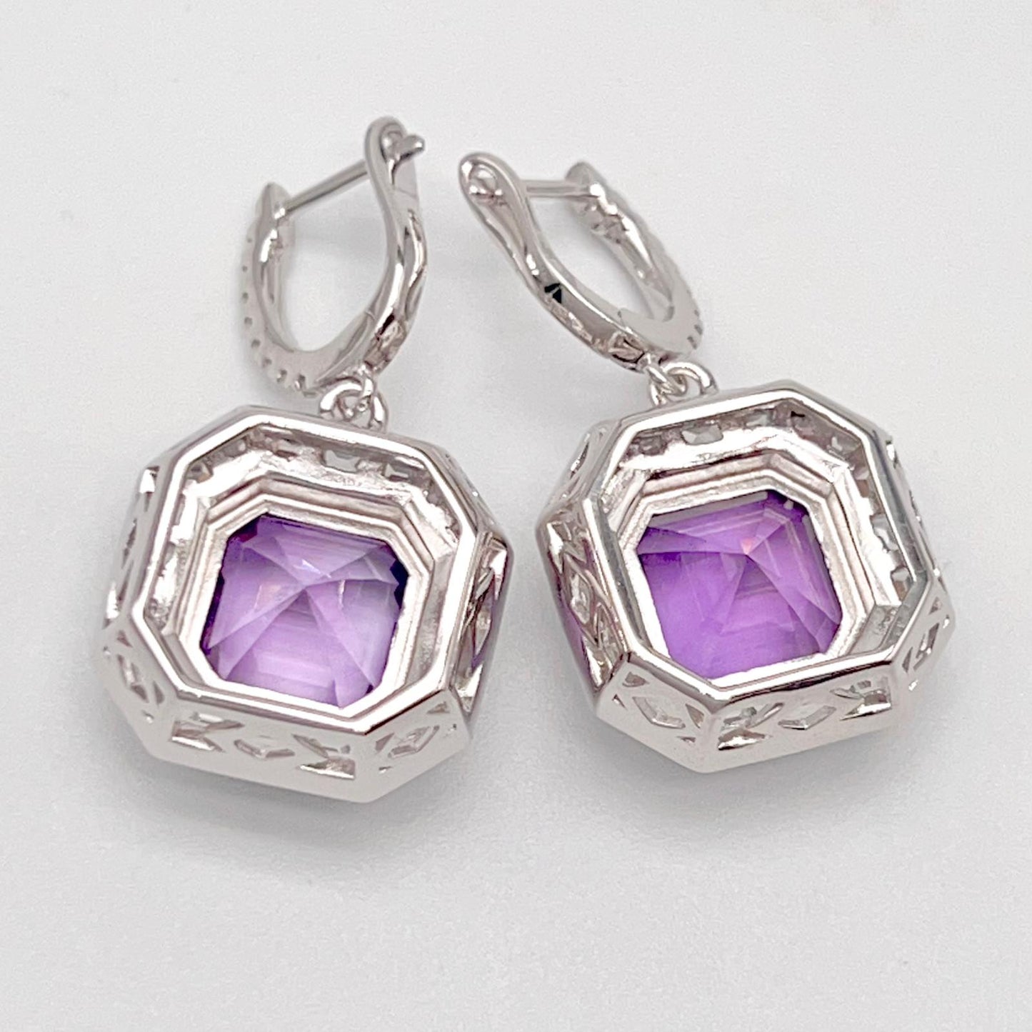 Regal Octagon Amethyst Drop Earrings with Zircon