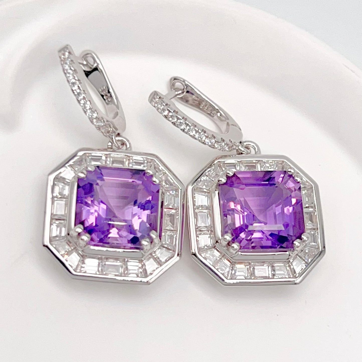 Regal Octagon Amethyst Drop Earrings with Zircon