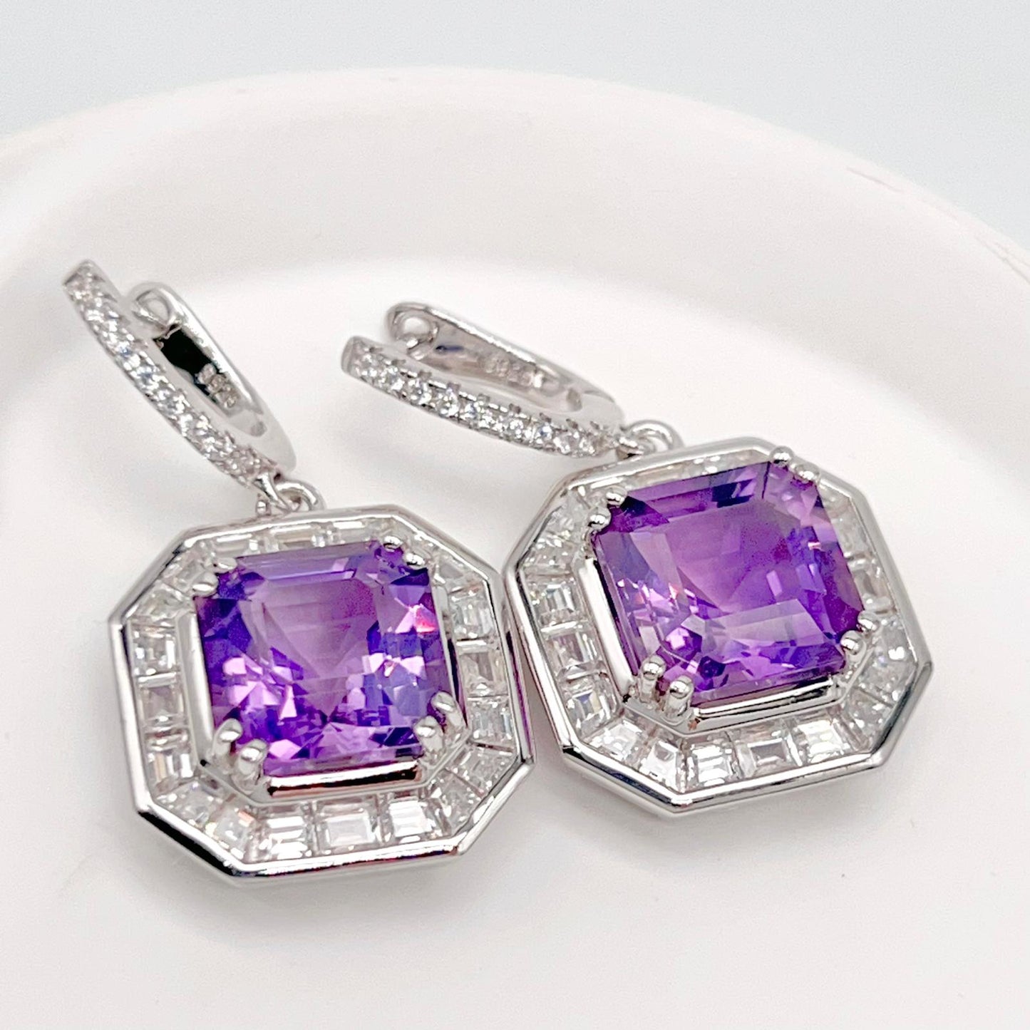 Regal Octagon Amethyst Drop Earrings with Zircon