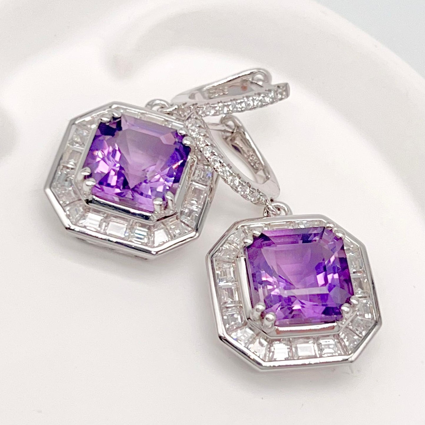 Regal Octagon Amethyst Drop Earrings with Zircon