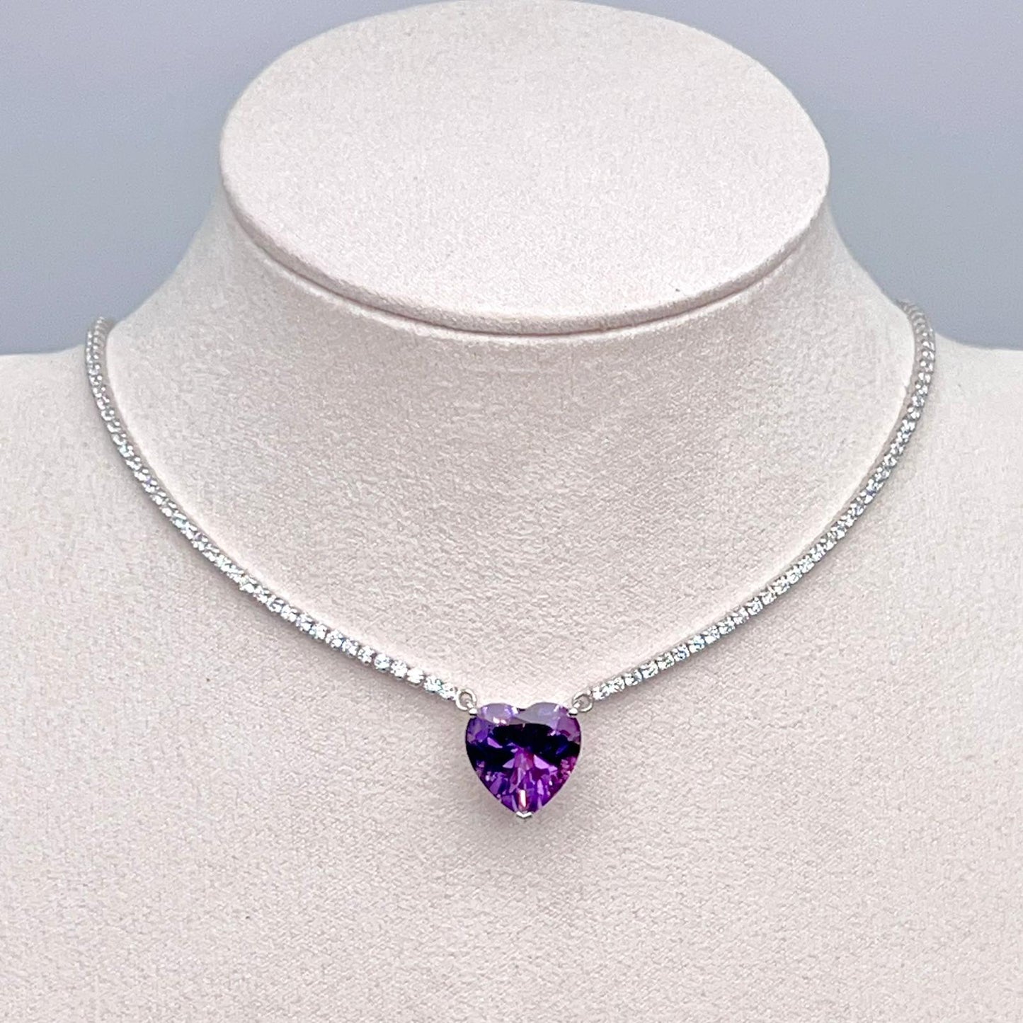 Luxury Heart-Cut Amethyst Pendant Necklace on Pave Tennis Chain