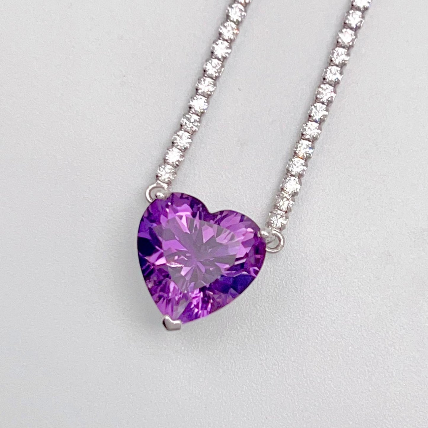 Luxury Heart-Cut Amethyst Pendant Necklace on Pave Tennis Chain