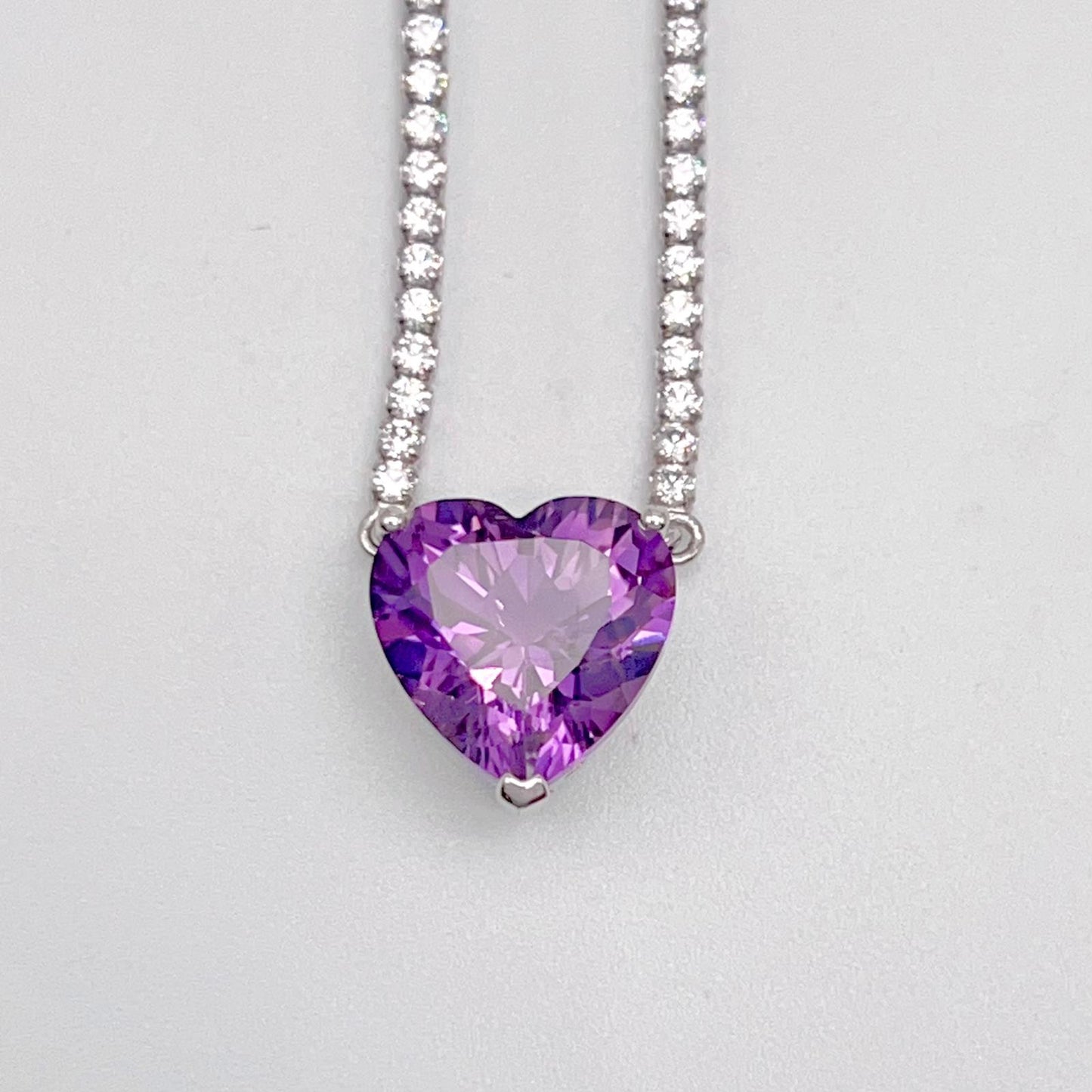 Luxury Heart-Cut Amethyst Pendant Necklace on Pave Tennis Chain