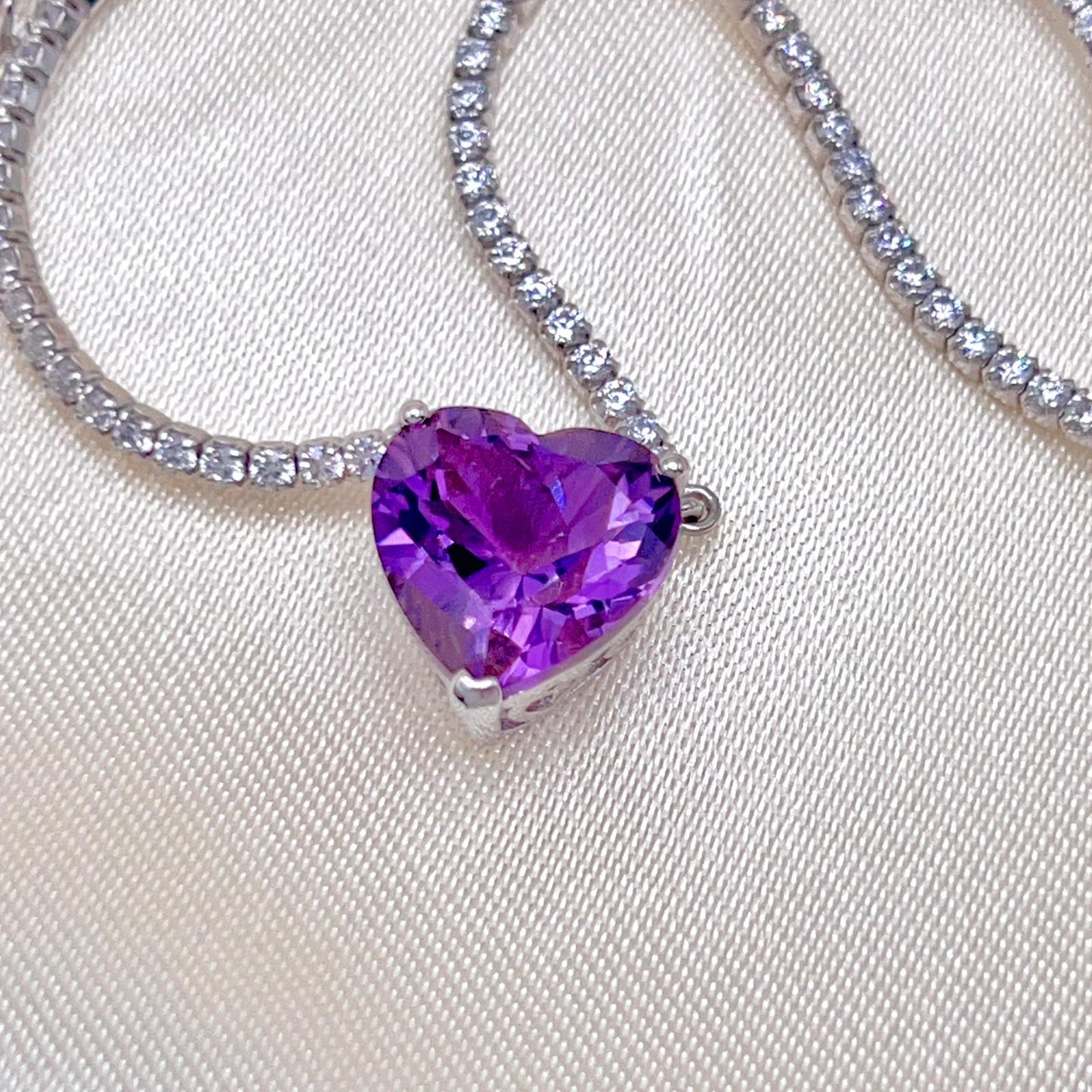 Luxury Heart-Cut Amethyst Pendant Necklace on Pave Tennis Chain