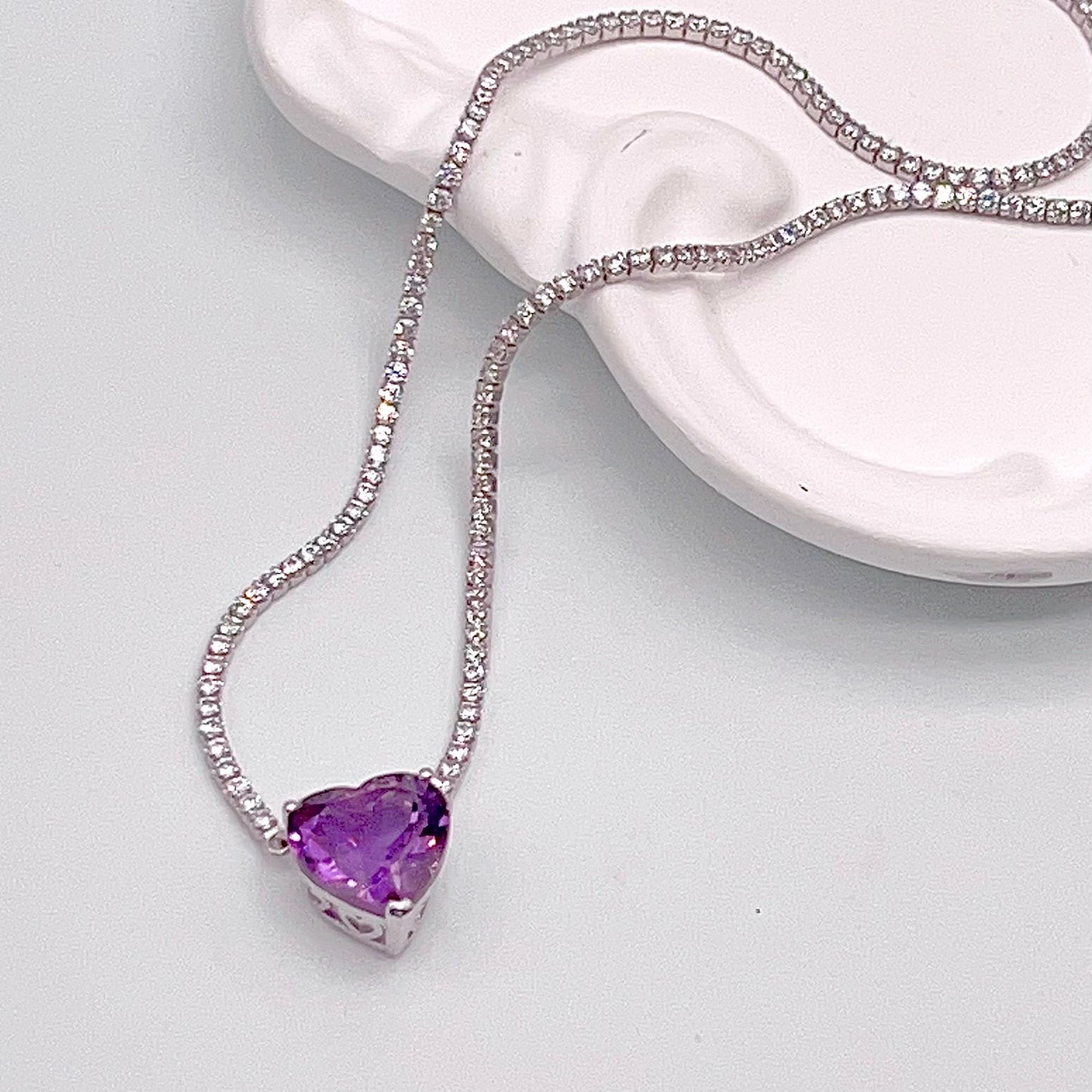Luxury Heart-Cut Amethyst Pendant Necklace on Pave Tennis Chain