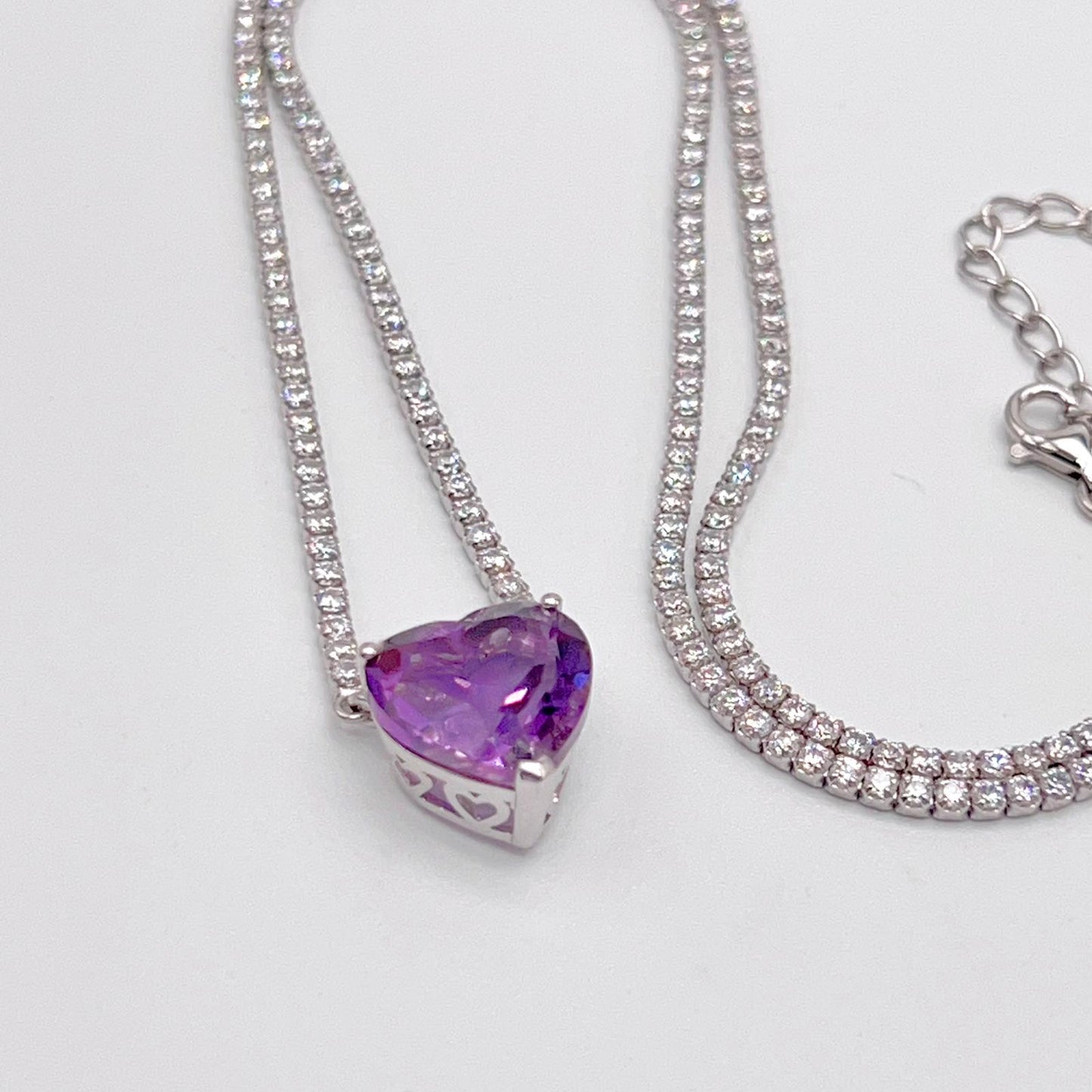 Luxury Heart-Cut Amethyst Pendant Necklace on Pave Tennis Chain