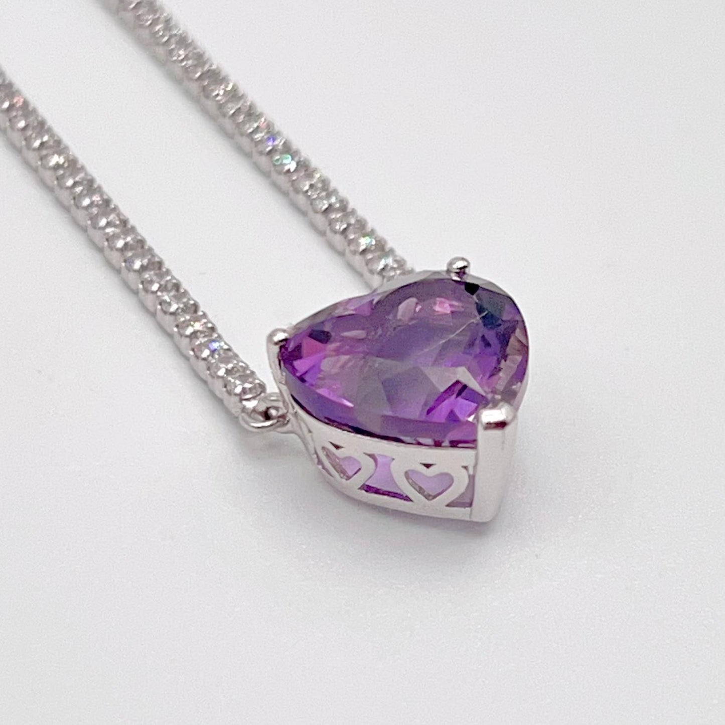 Luxury Heart-Cut Amethyst Pendant Necklace on Pave Tennis Chain