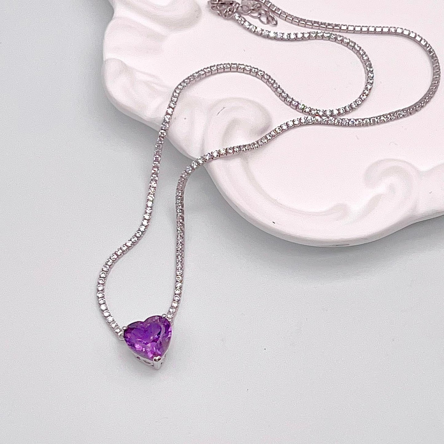 Luxury Heart-Cut Amethyst Pendant Necklace on Pave Tennis Chain