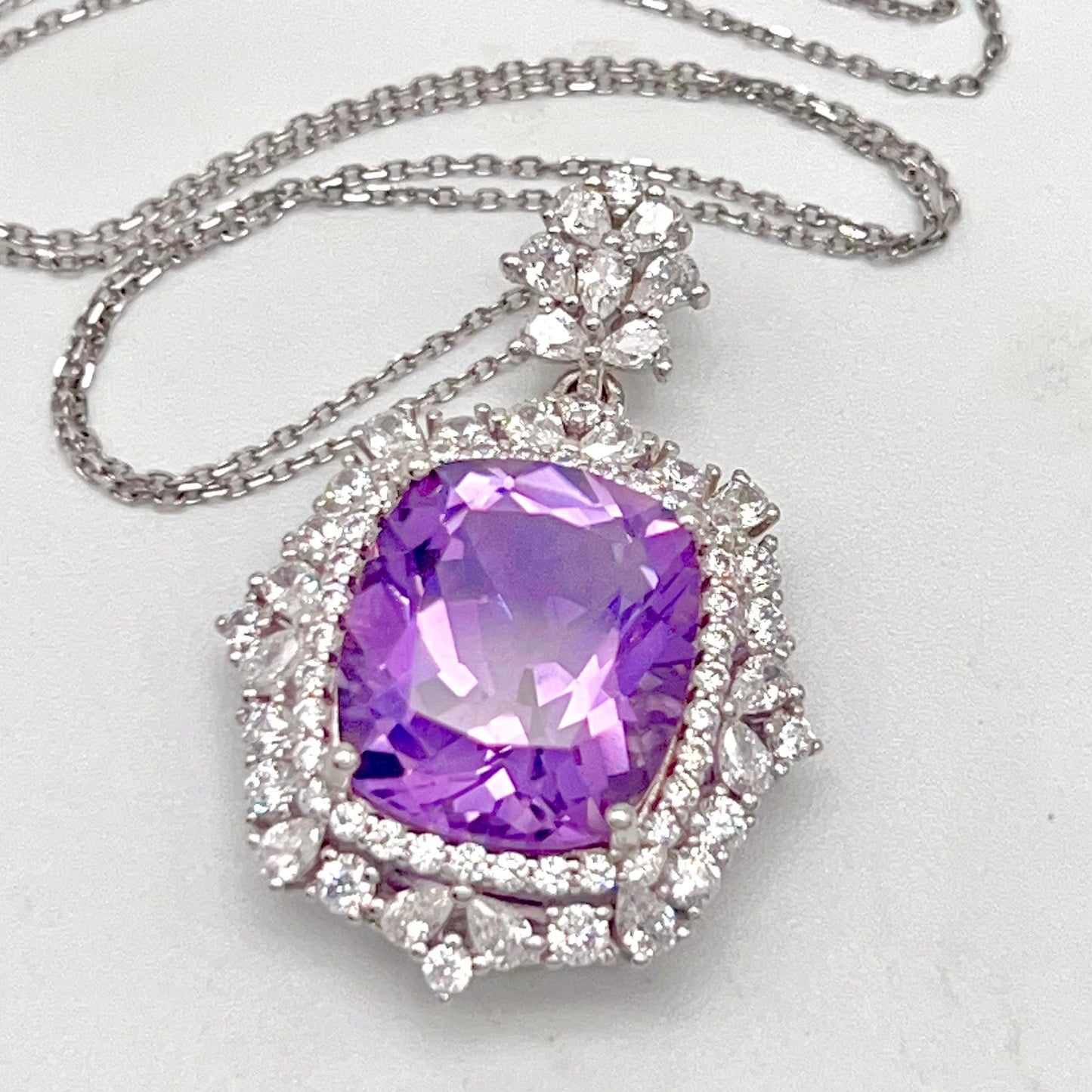 Regal Cushion-Cut Amethyst and Zirconia Halo Pendant Necklace