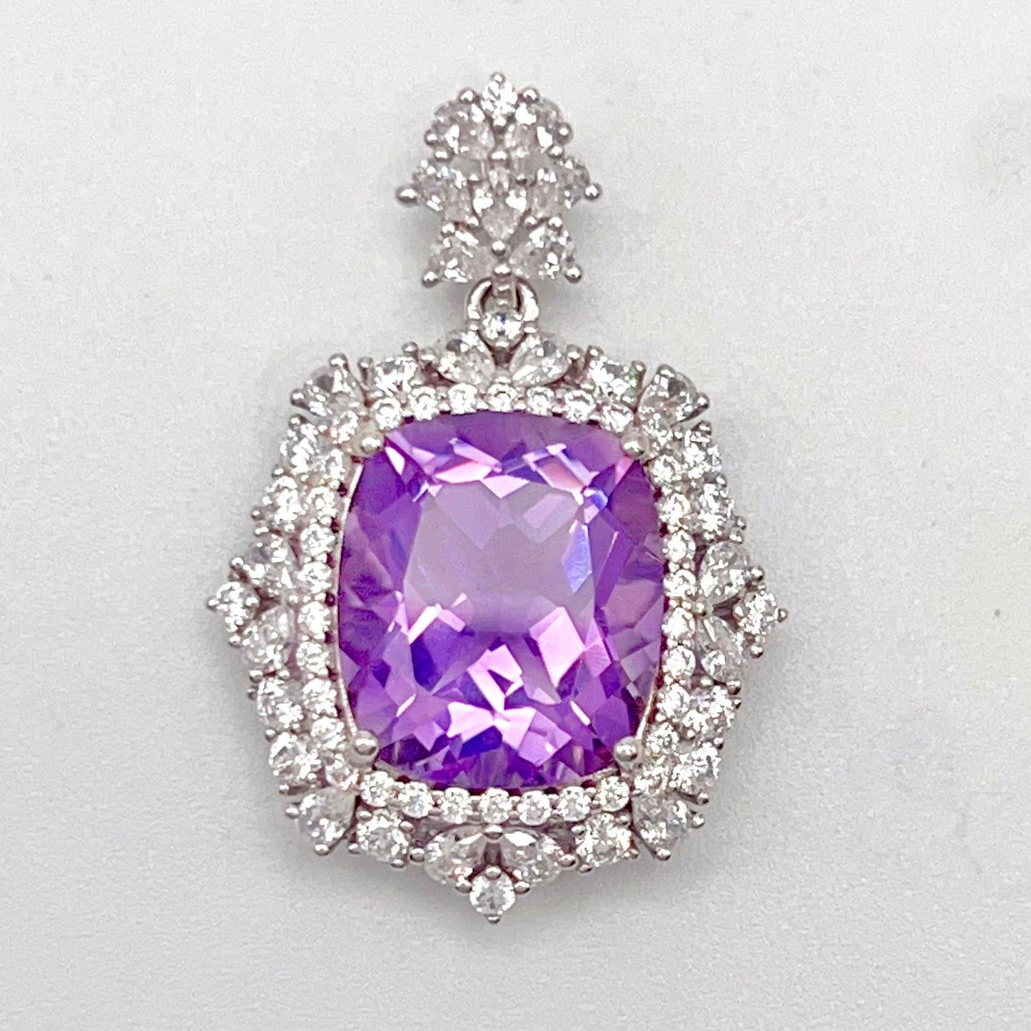 Regal Cushion-Cut Amethyst and Zirconia Halo Pendant Necklace