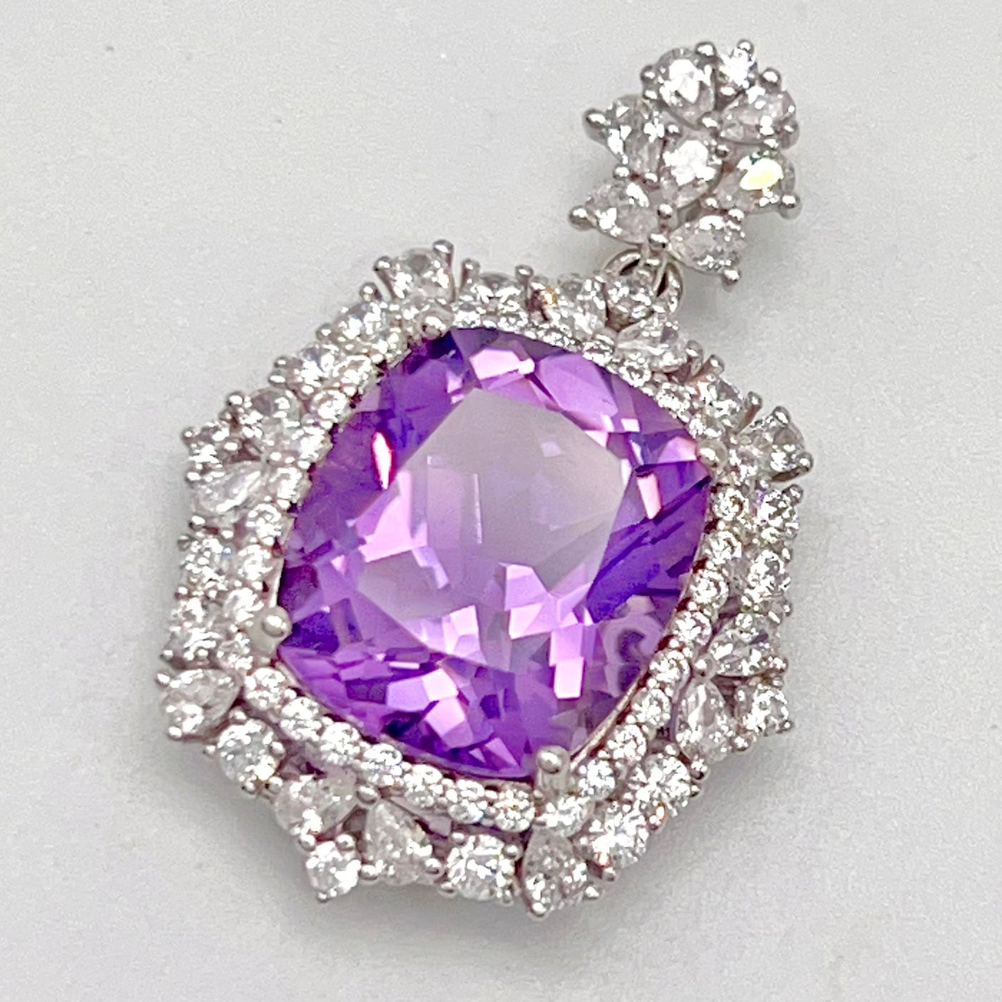 Regal Cushion-Cut Amethyst and Zirconia Halo Pendant Necklace