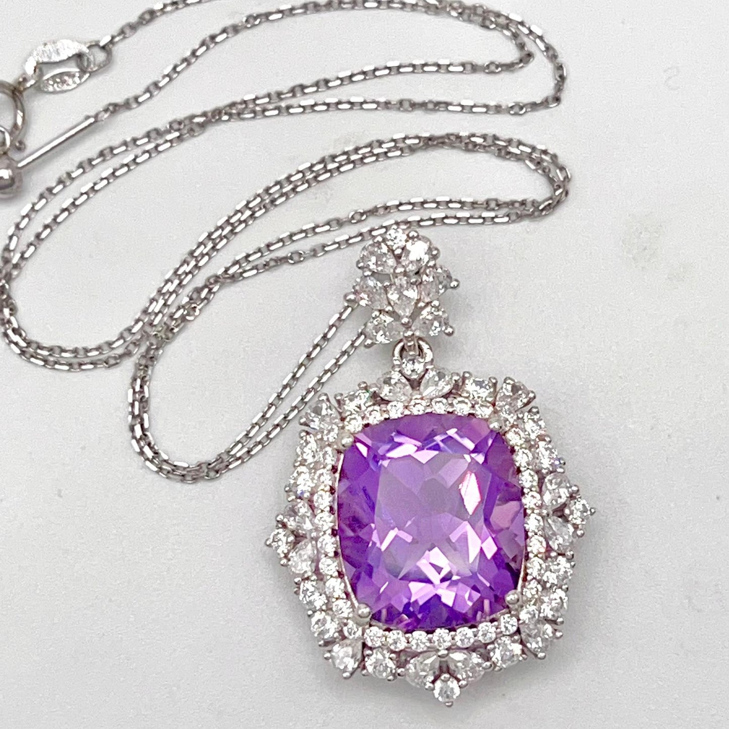 Regal Cushion-Cut Amethyst and Zirconia Halo Pendant Necklace