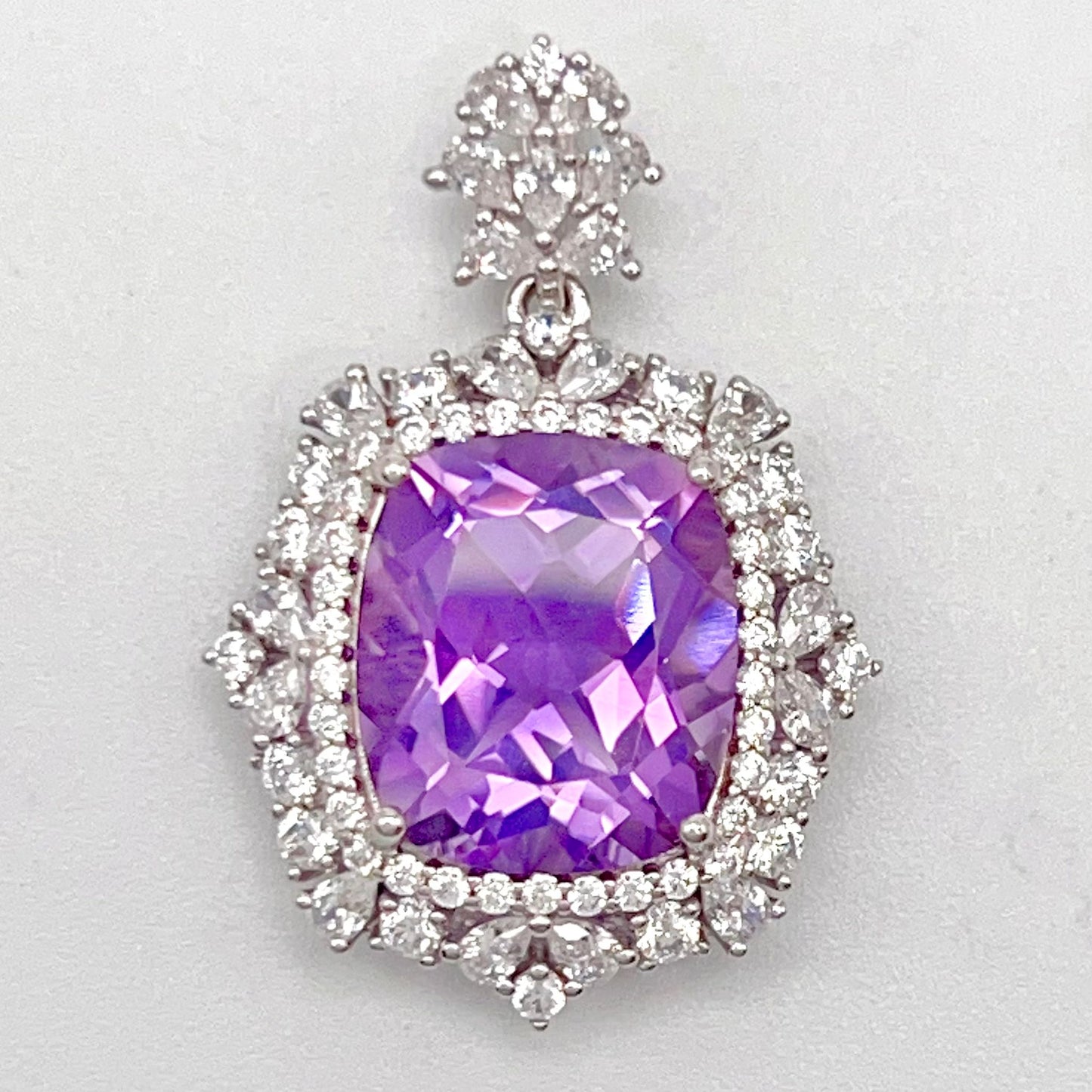 Regal Cushion-Cut Amethyst and Zirconia Halo Pendant Necklace