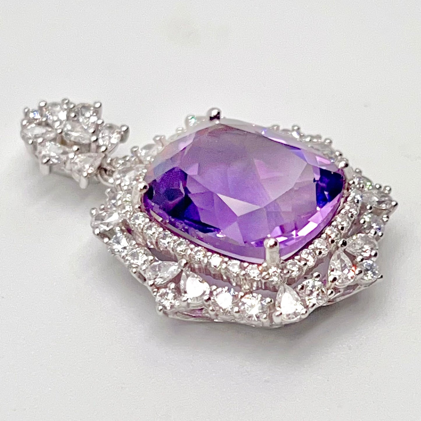 Regal Cushion-Cut Amethyst and Zirconia Halo Pendant Necklace