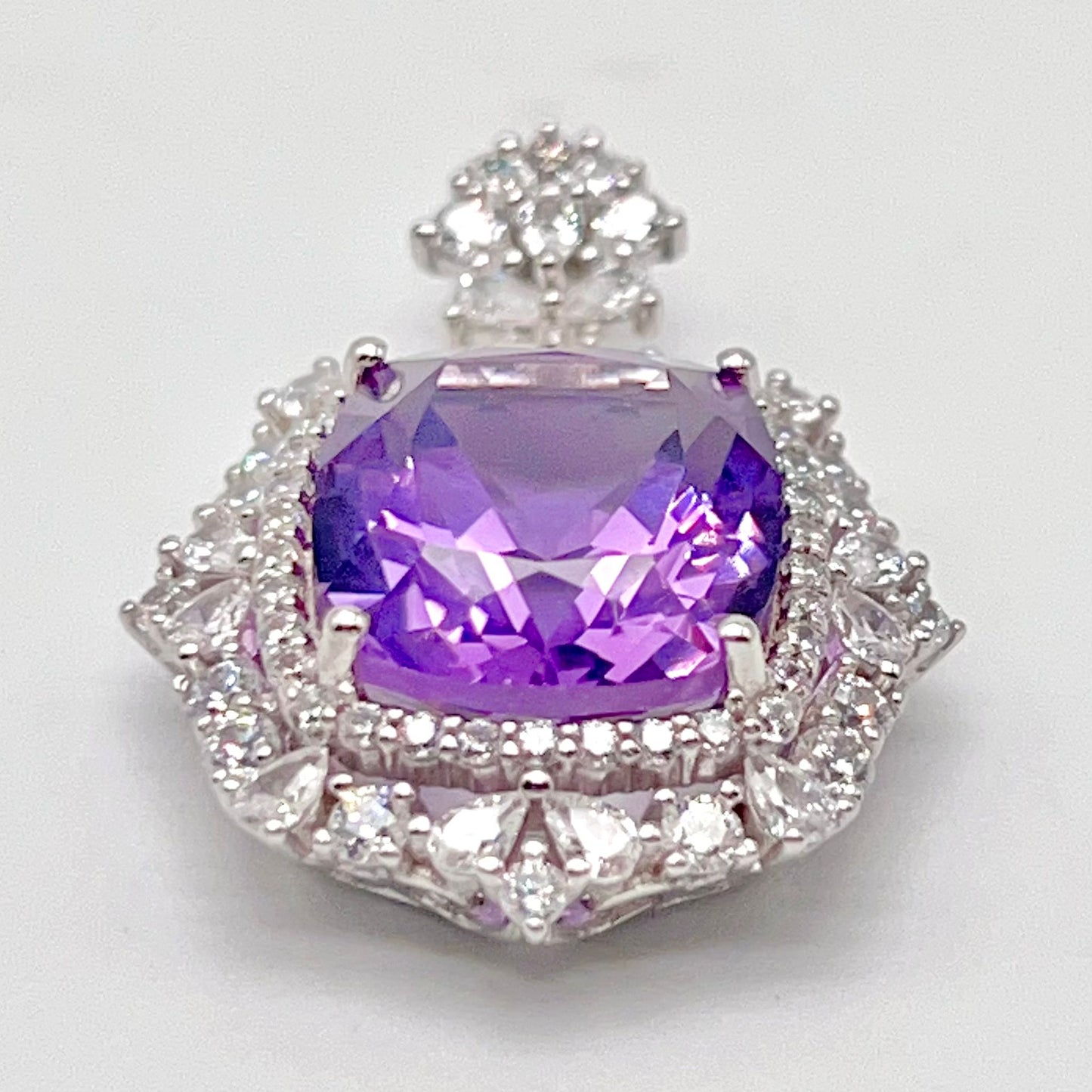 Regal Cushion-Cut Amethyst and Zirconia Halo Pendant Necklace
