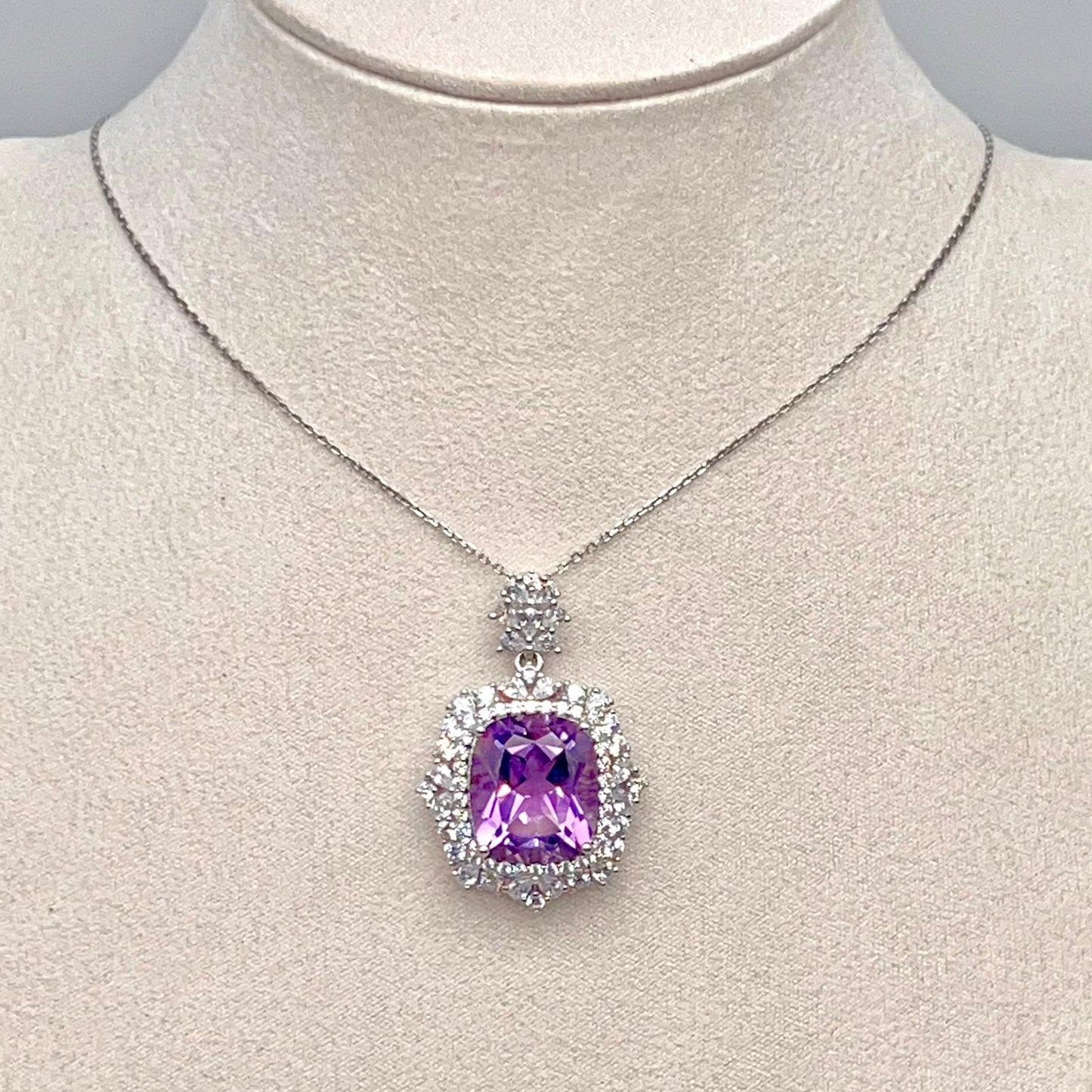 Regal Cushion-Cut Amethyst and Zirconia Halo Pendant Necklace