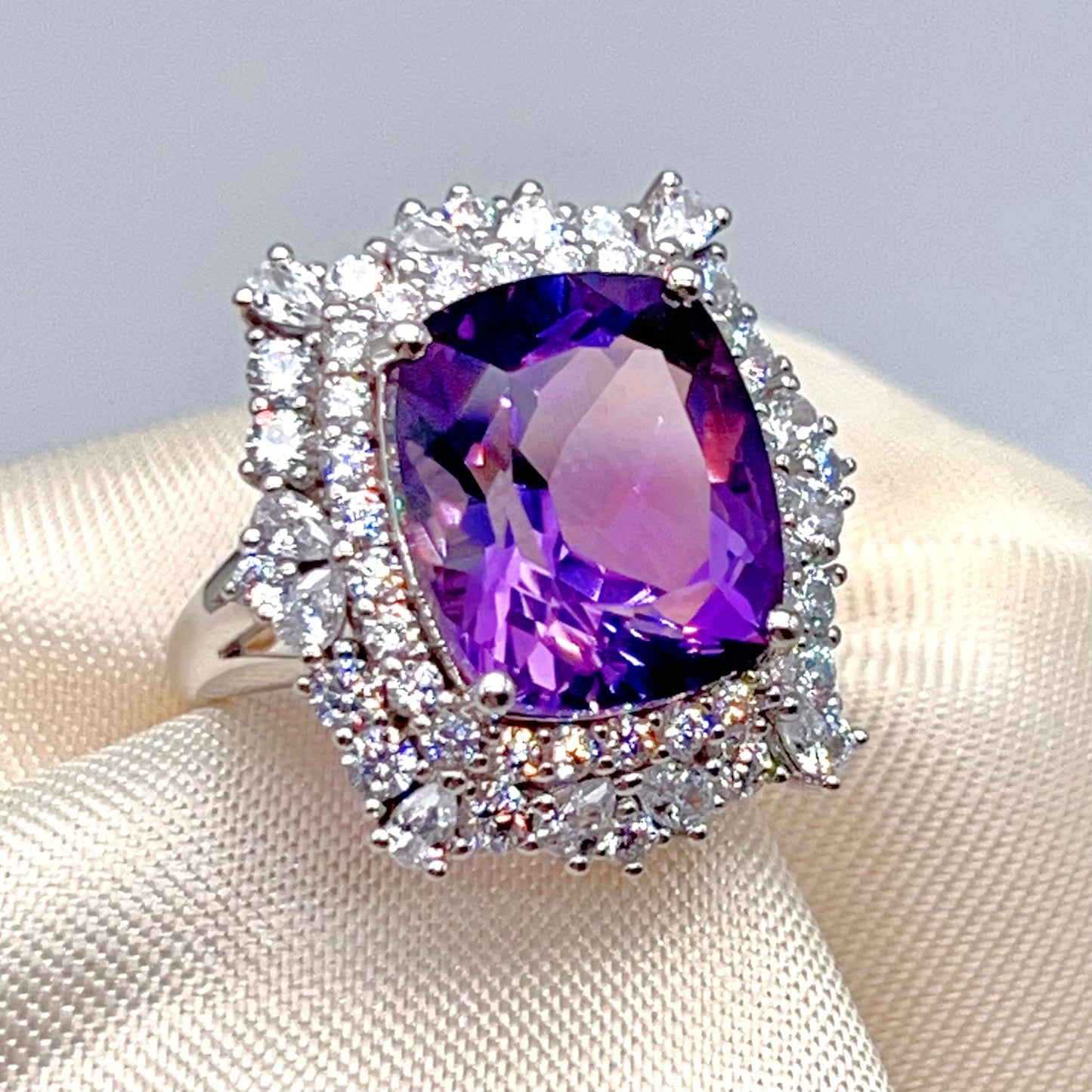Bold Amethyst Cushion-Cut Double Halo Ring