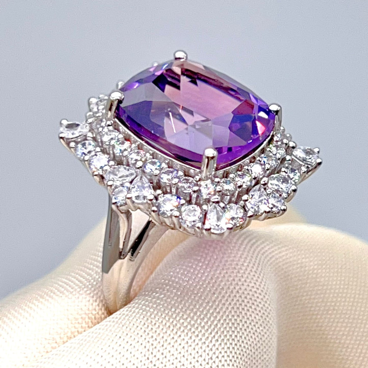 Bold Amethyst Cushion-Cut Double Halo Ring