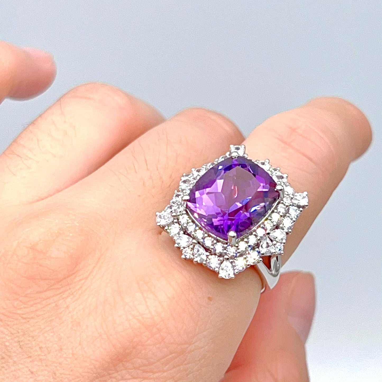 Bold Amethyst Cushion-Cut Double Halo Ring