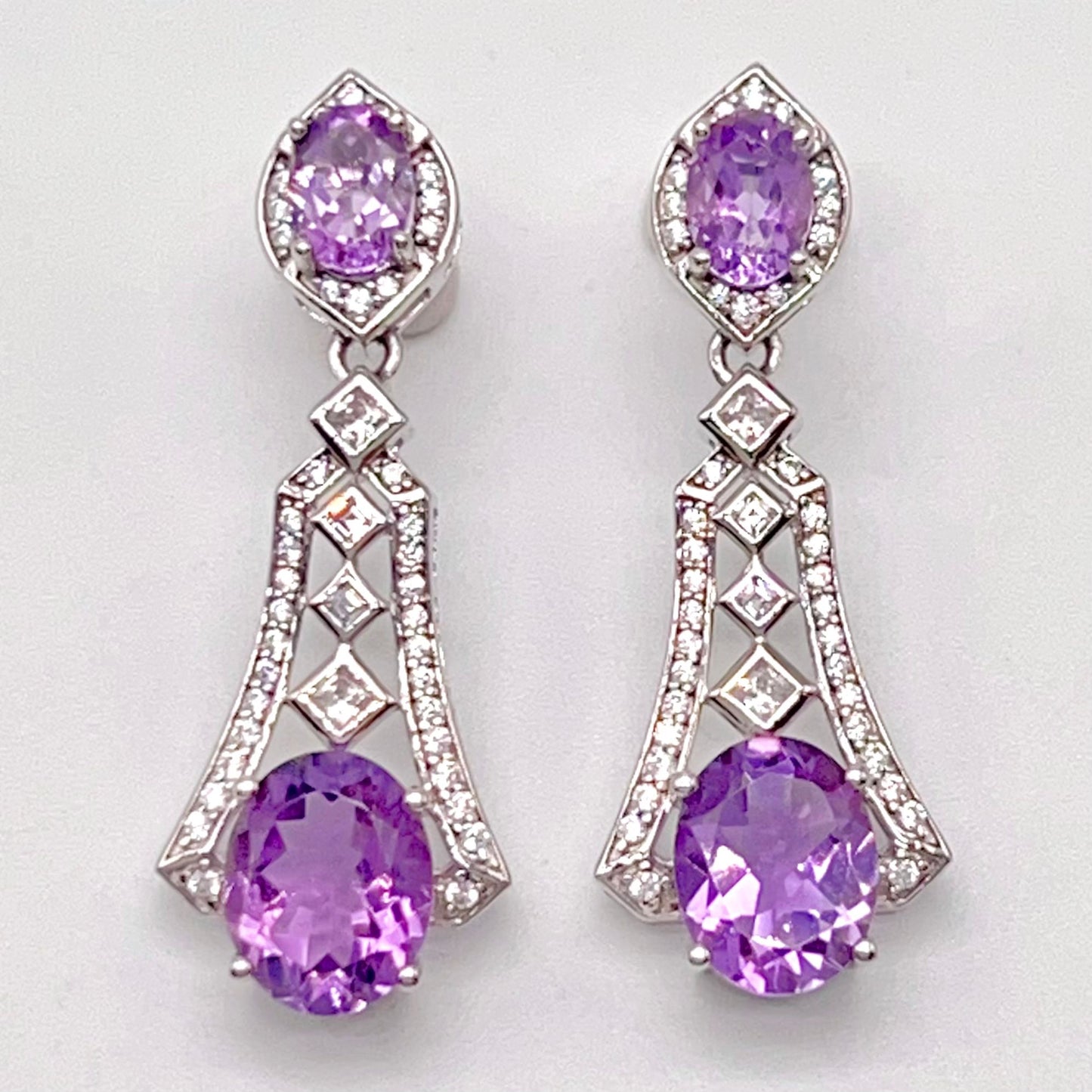 Art Deco Amethyst Dangle Drop Earrings with Zircon Accents
