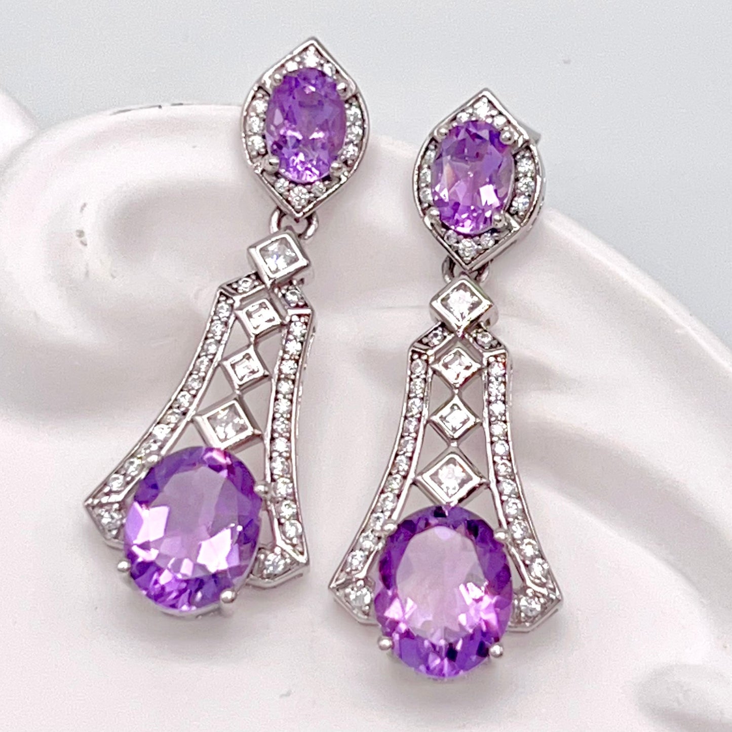 Art Deco Amethyst Dangle Drop Earrings with Zircon Accents