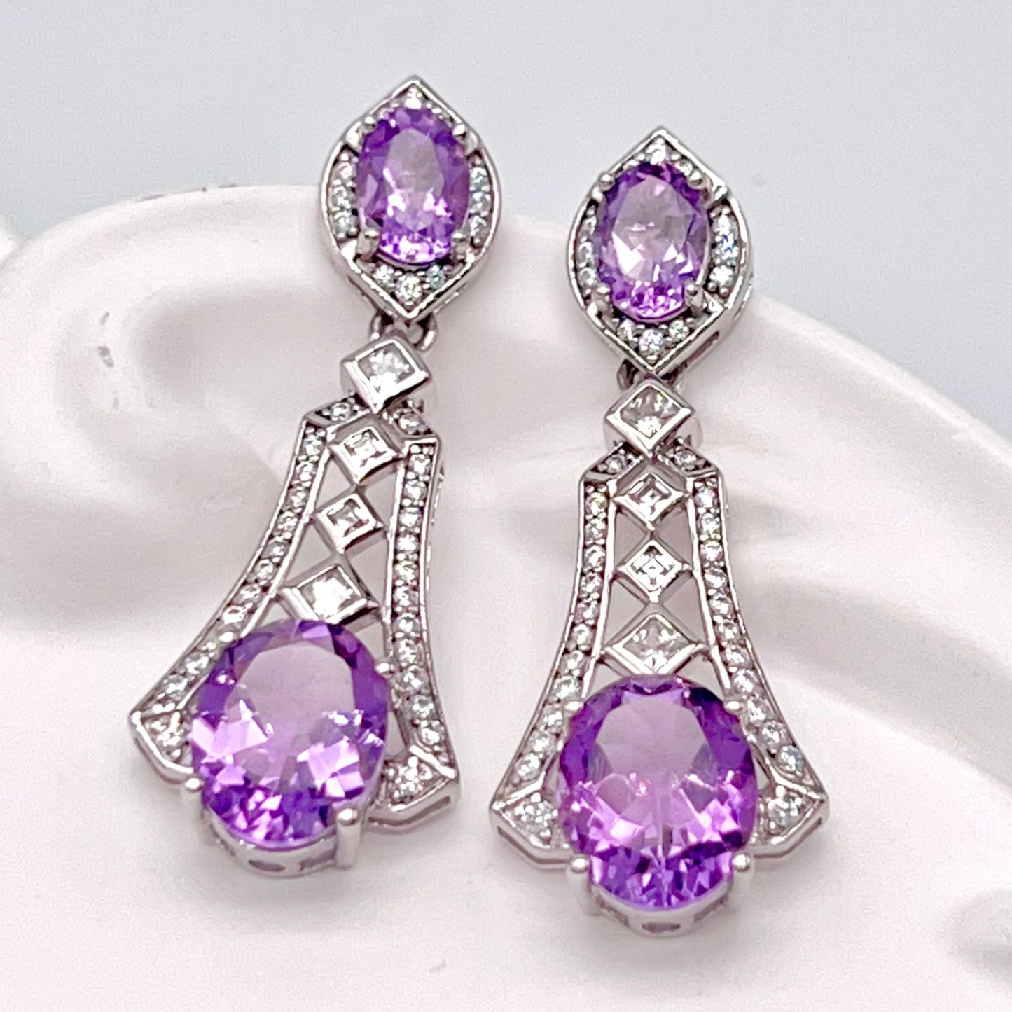 Art Deco Amethyst Dangle Drop Earrings with Zircon Accents