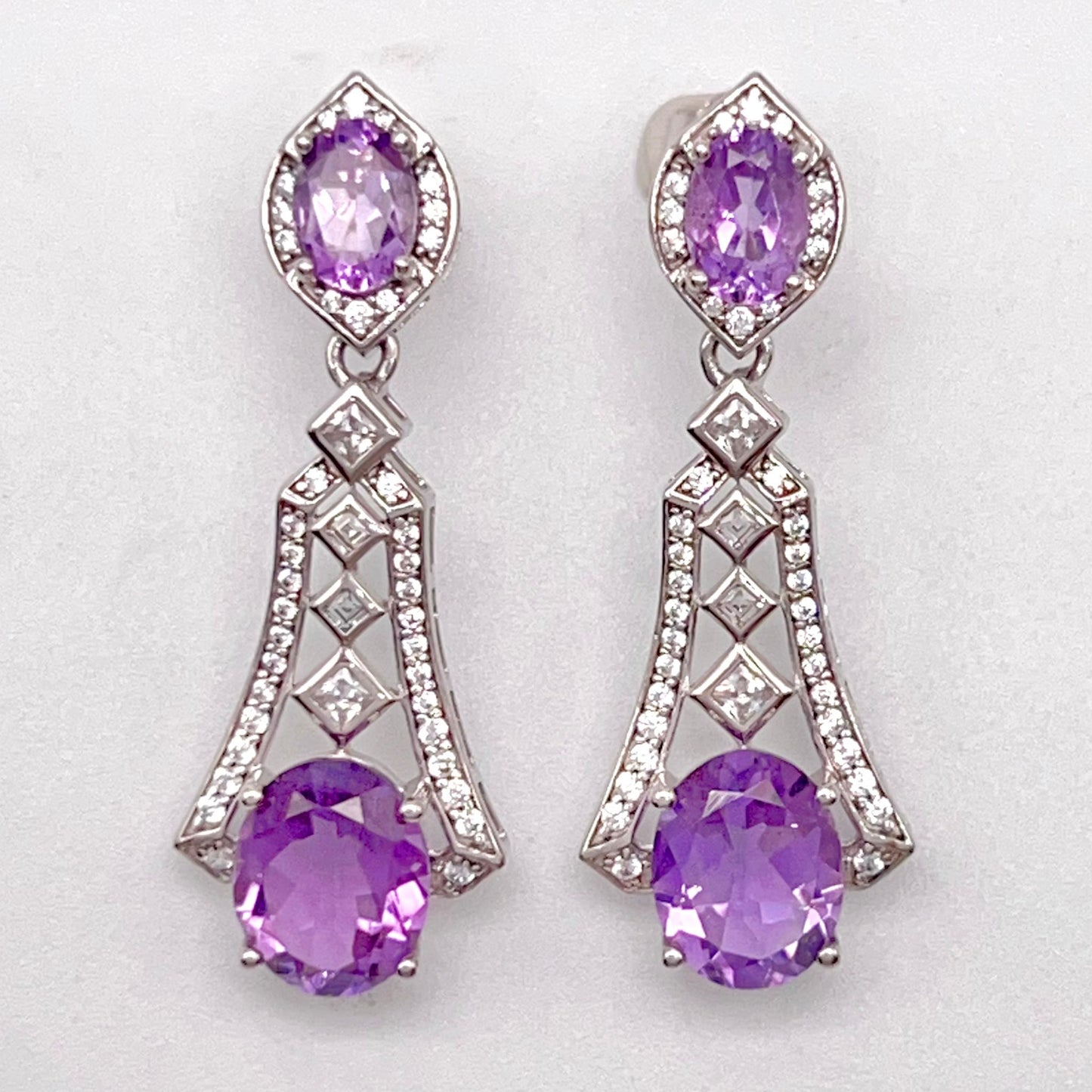 Art Deco Amethyst Dangle Drop Earrings with Zircon Accents