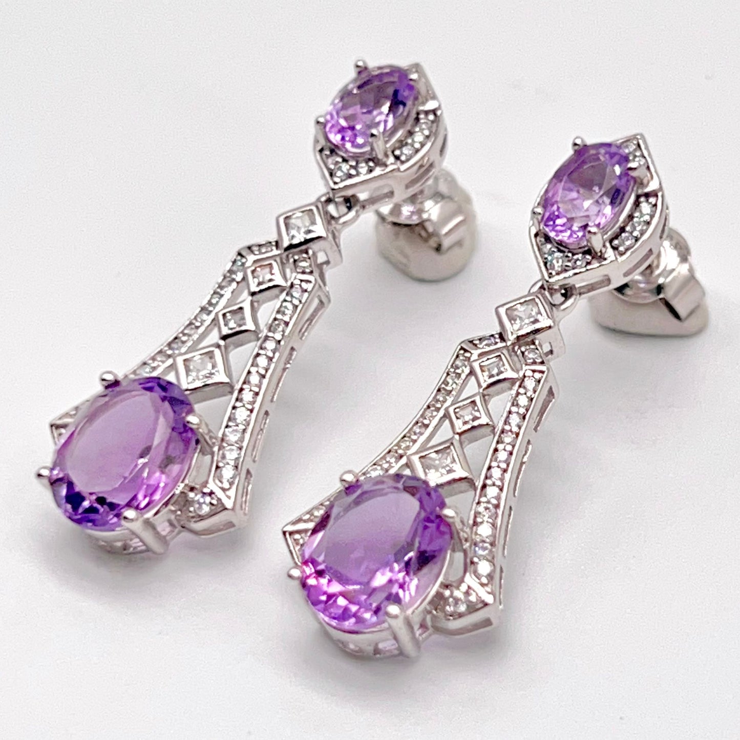Art Deco Amethyst Dangle Drop Earrings with Zircon Accents