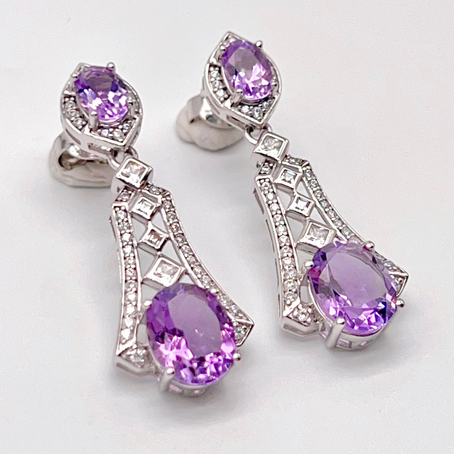 Art Deco Amethyst Dangle Drop Earrings with Zircon Accents
