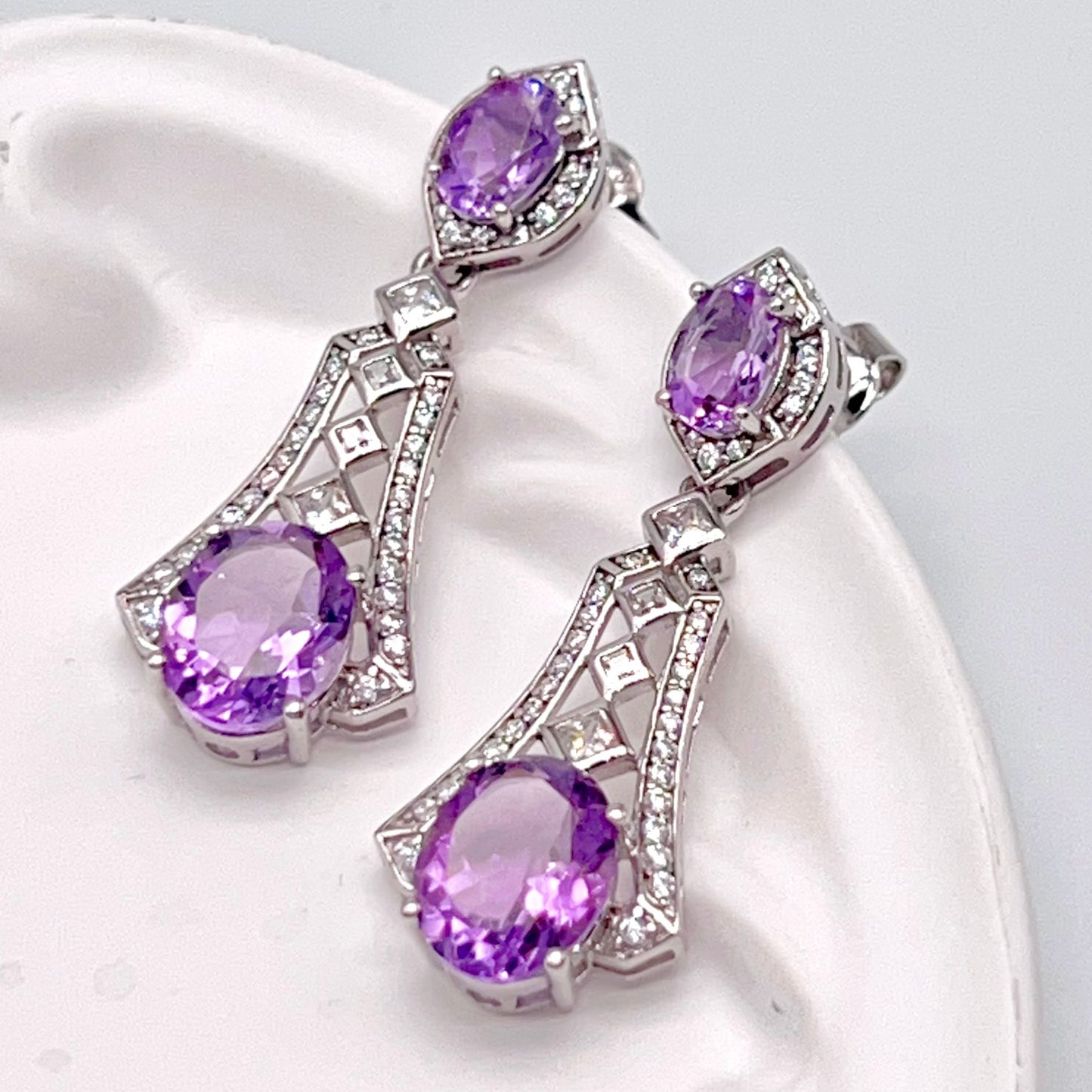 Art Deco Amethyst Dangle Drop Earrings with Zircon Accents