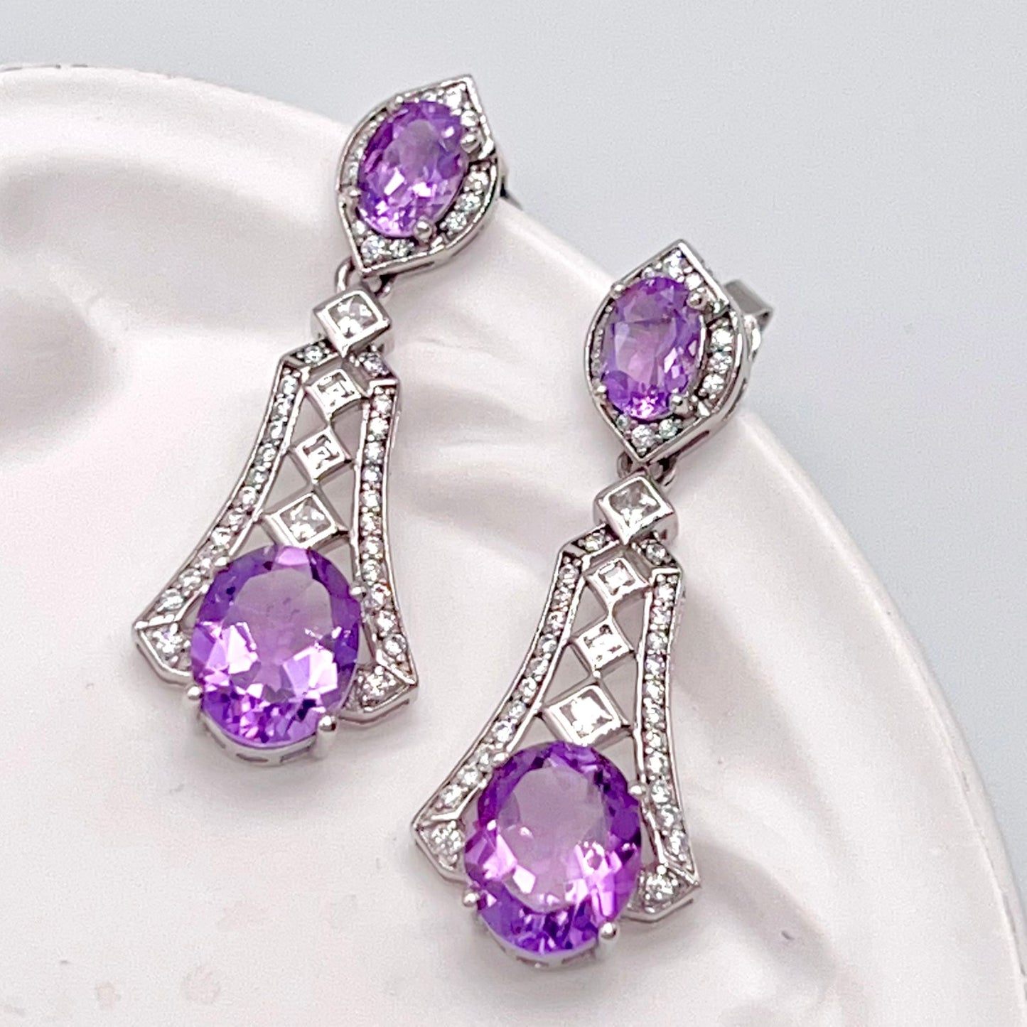 Art Deco Amethyst Dangle Drop Earrings with Zircon Accents
