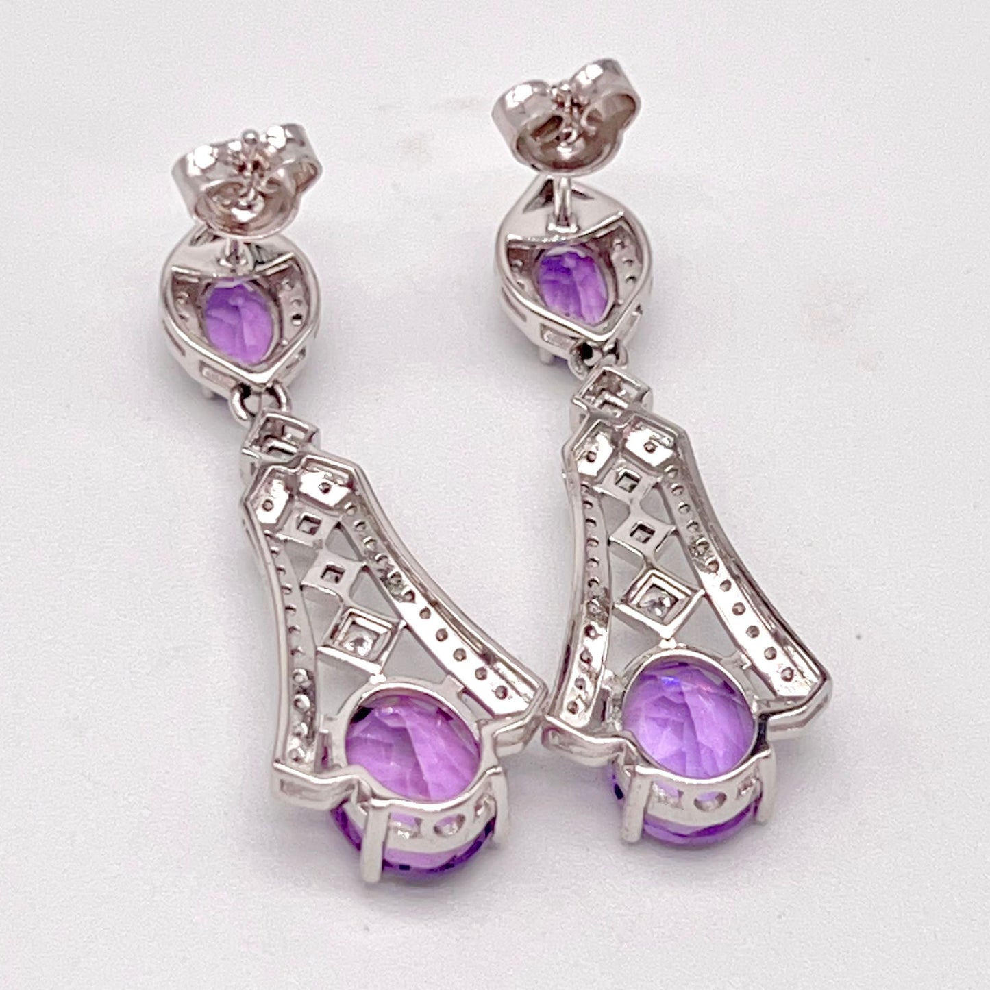 Art Deco Amethyst Dangle Drop Earrings with Zircon Accents