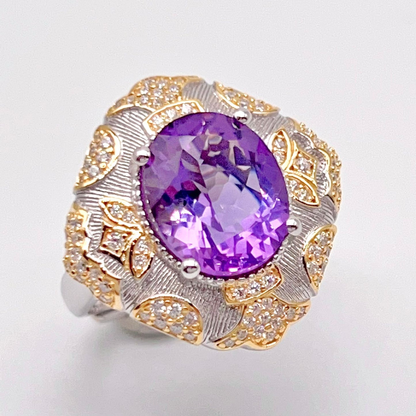 Amethyst Ring with Gold Filigree and Zircon Halo