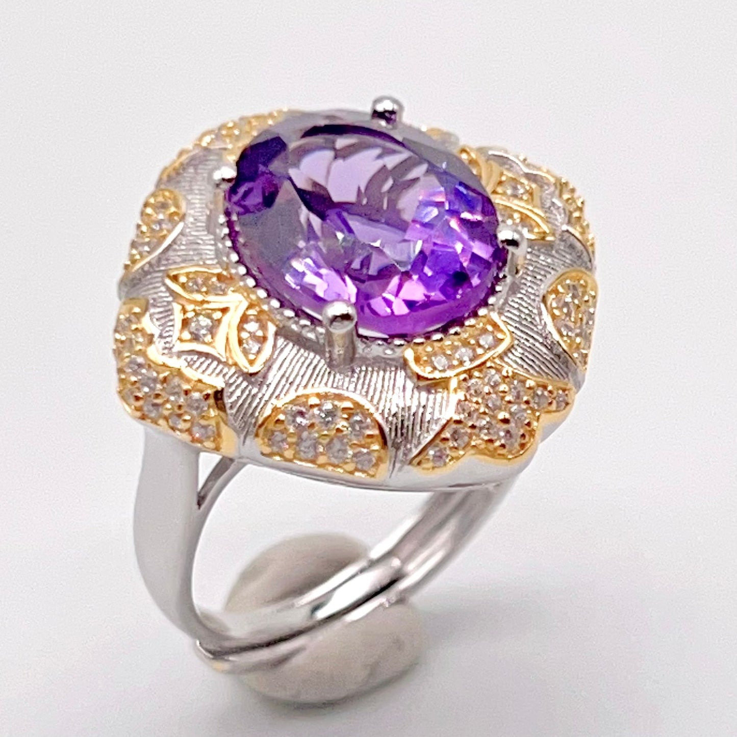 Amethyst Ring with Gold Filigree and Zircon Halo