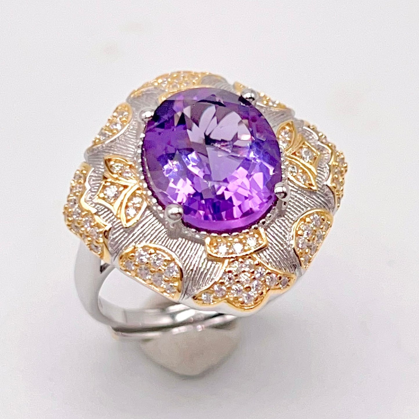 Amethyst Ring with Gold Filigree and Zircon Halo
