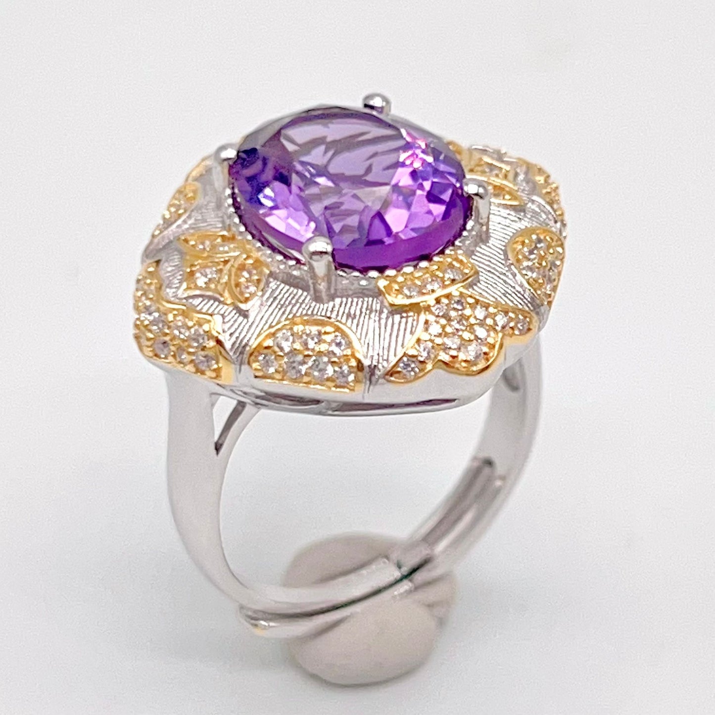 Amethyst Ring with Gold Filigree and Zircon Halo