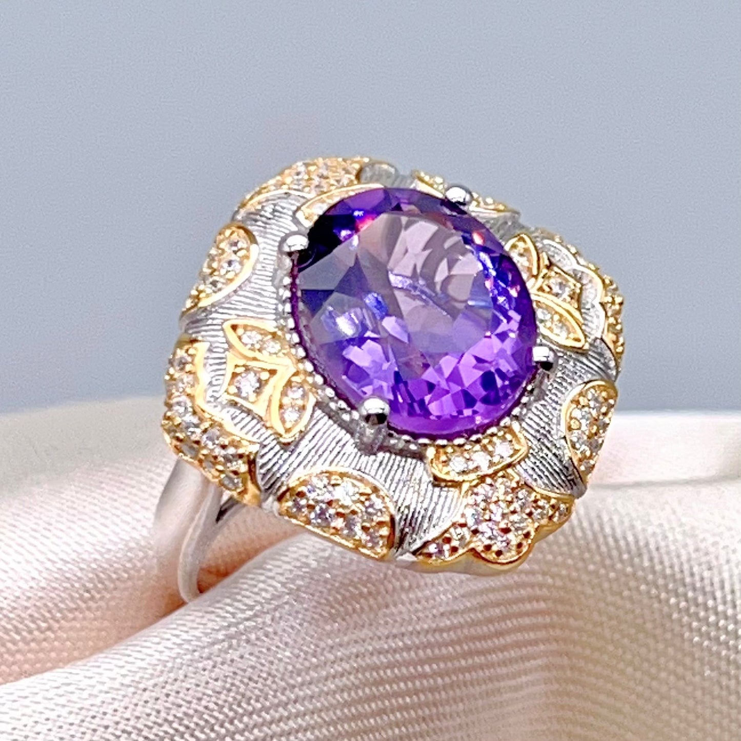 Amethyst Ring with Gold Filigree and Zircon Halo